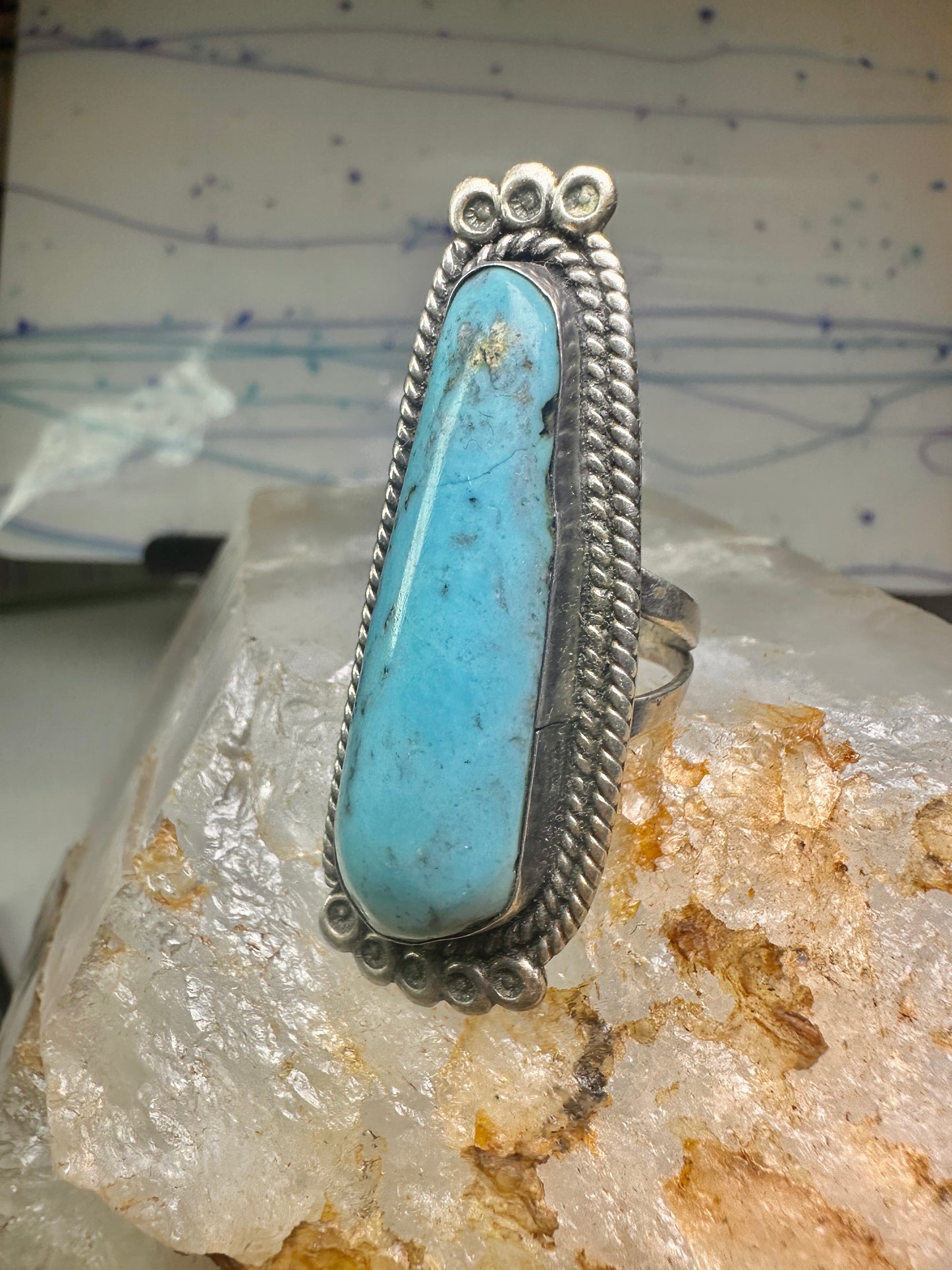 Long Navajo ring Turquoise rope design band size 7.5 sterling silver women