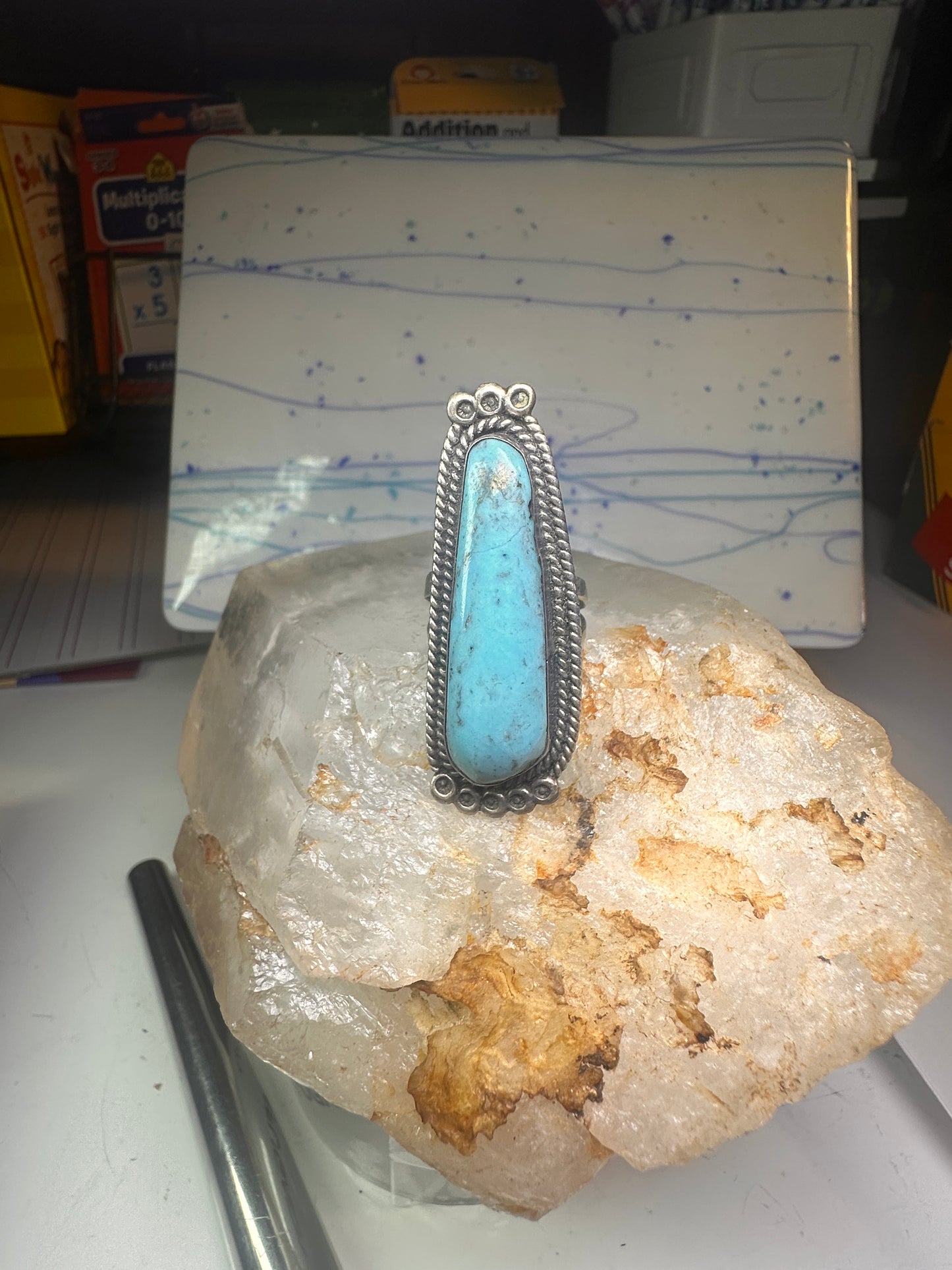 Long Navajo ring Turquoise rope design band size 7.5 sterling silver women