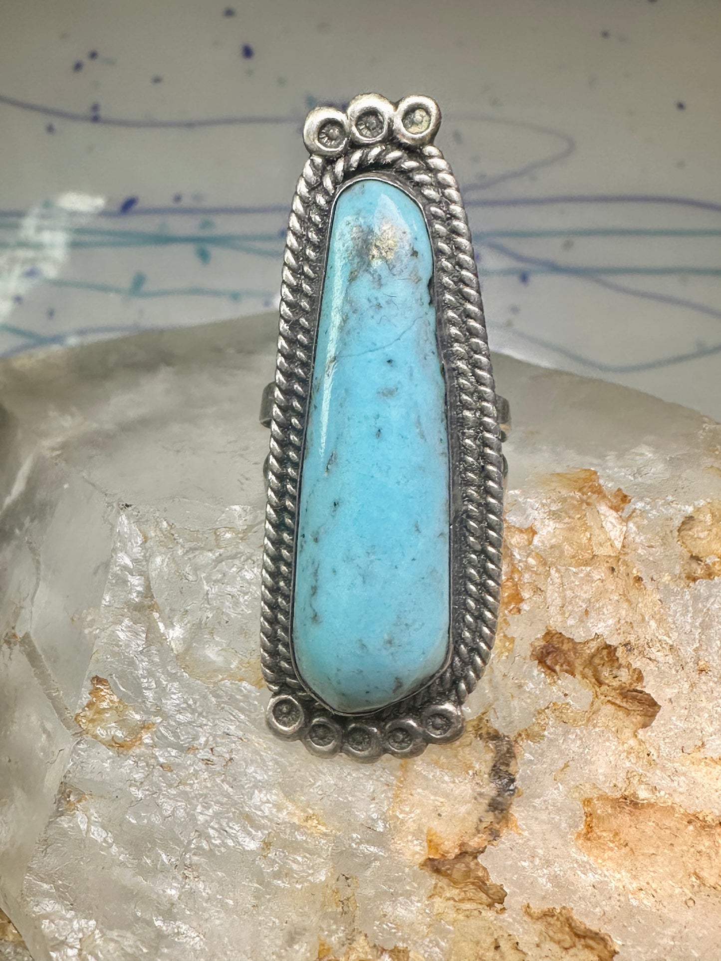 Long Navajo ring Turquoise rope design band size 7.5 sterling silver women