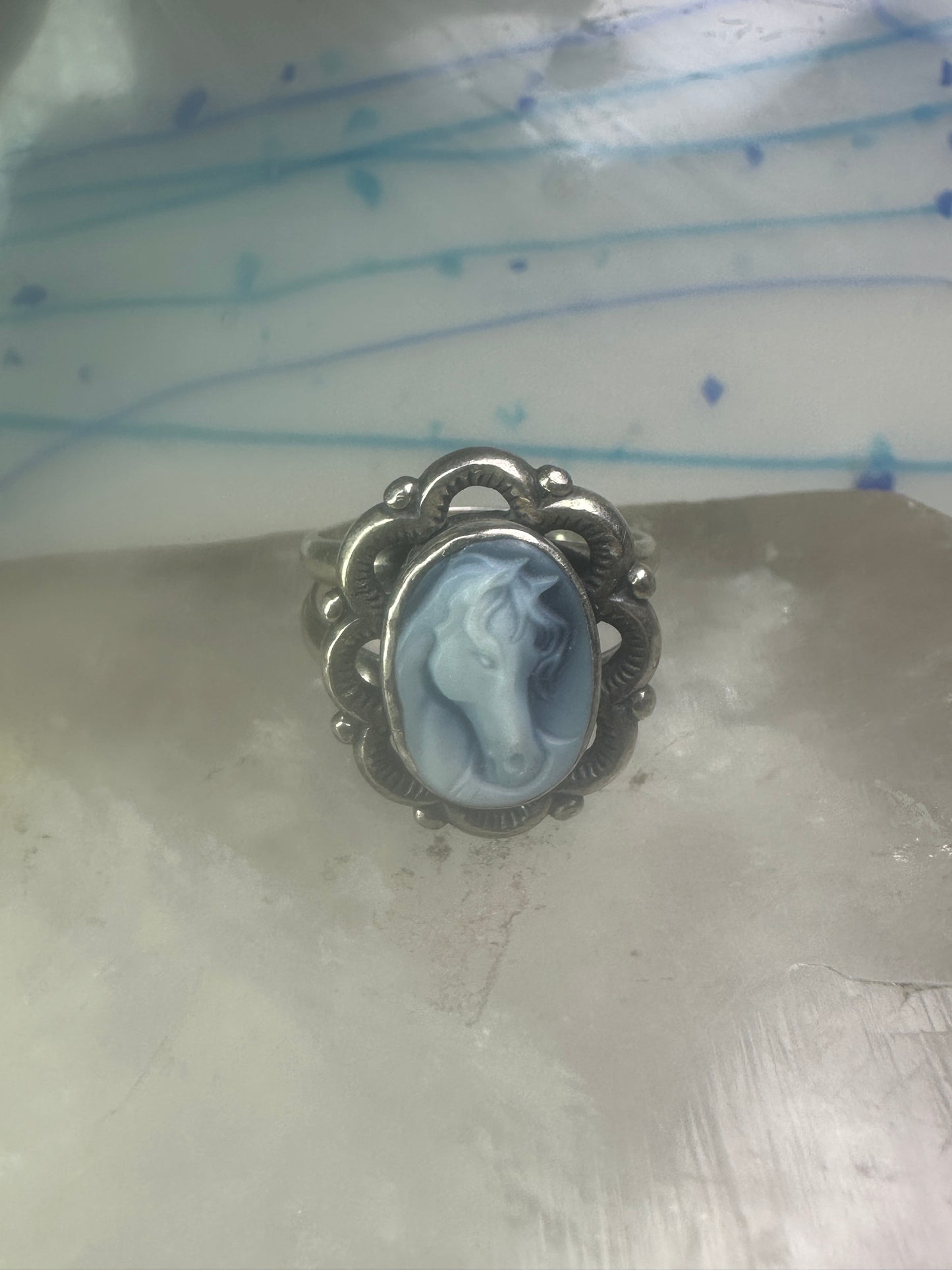 Horse face ring shell cowgirl size 7.75 sterling silver women signed QT