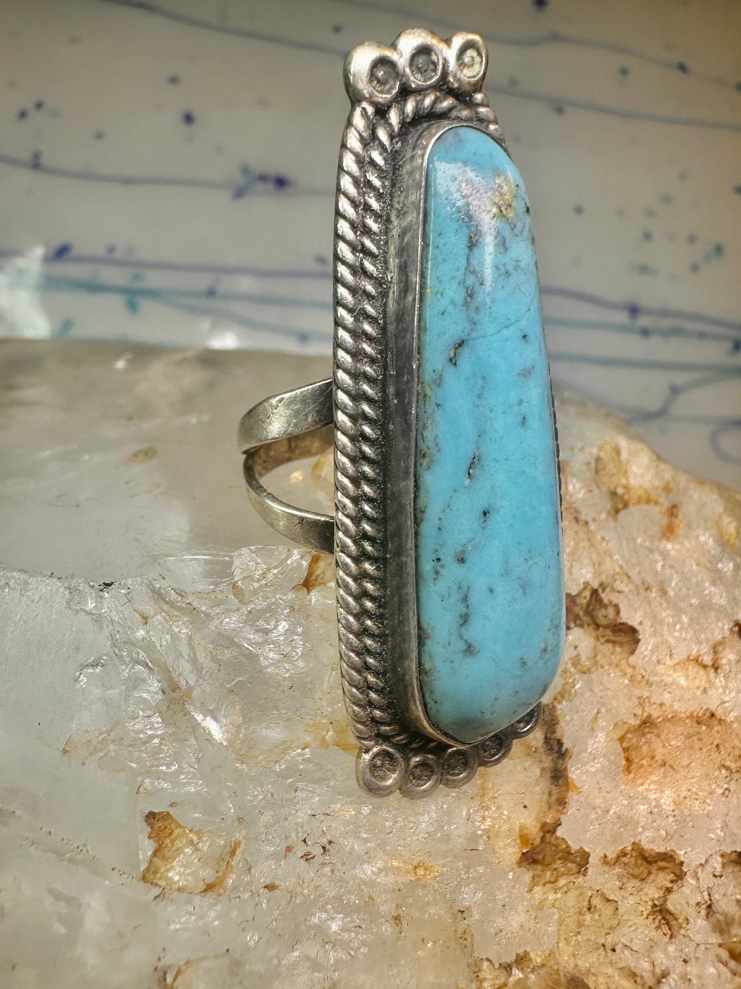 Long Navajo ring Turquoise rope design band size 7.5 sterling silver women