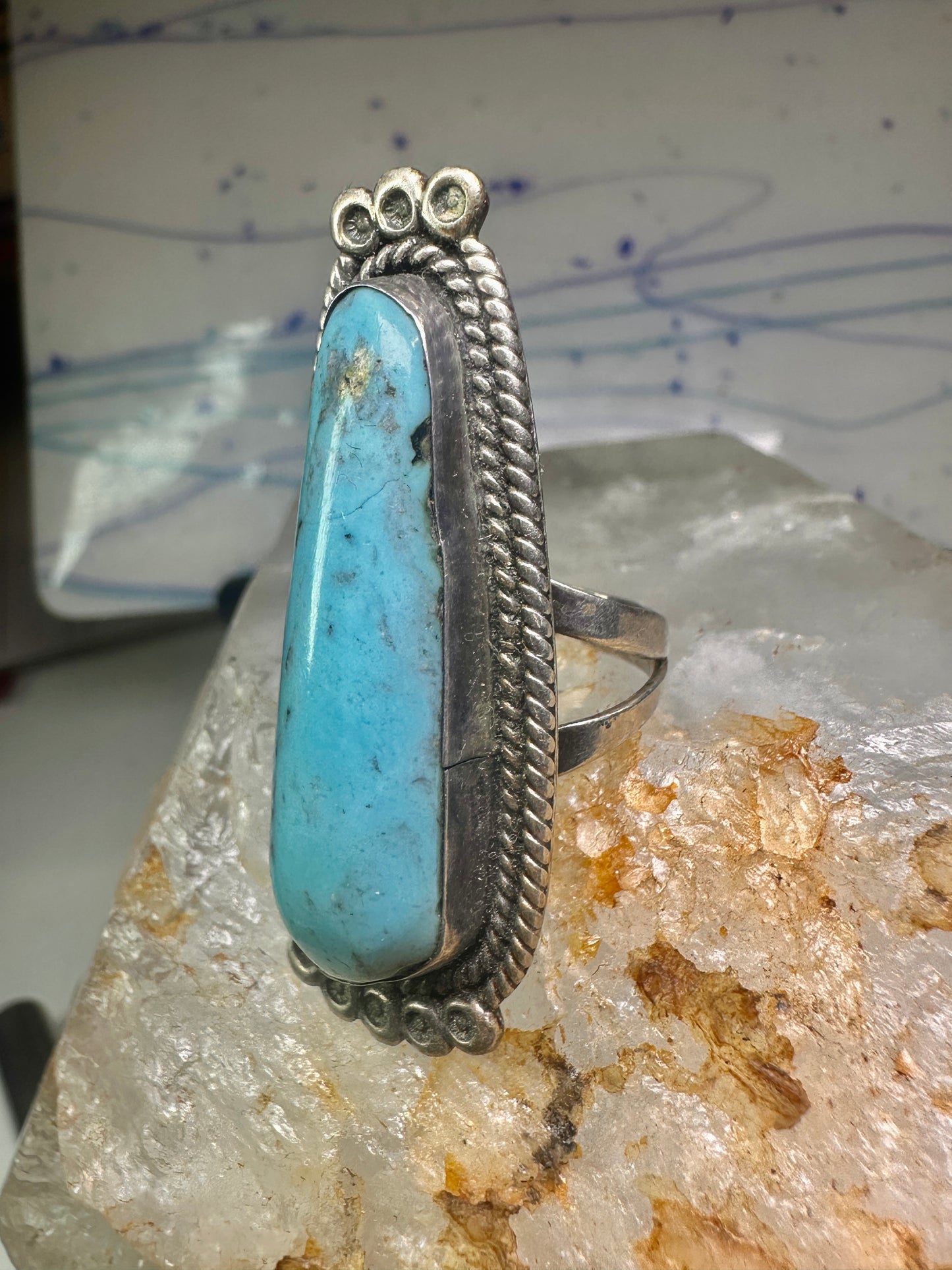 Long Navajo ring Turquoise rope design band size 7.5 sterling silver women