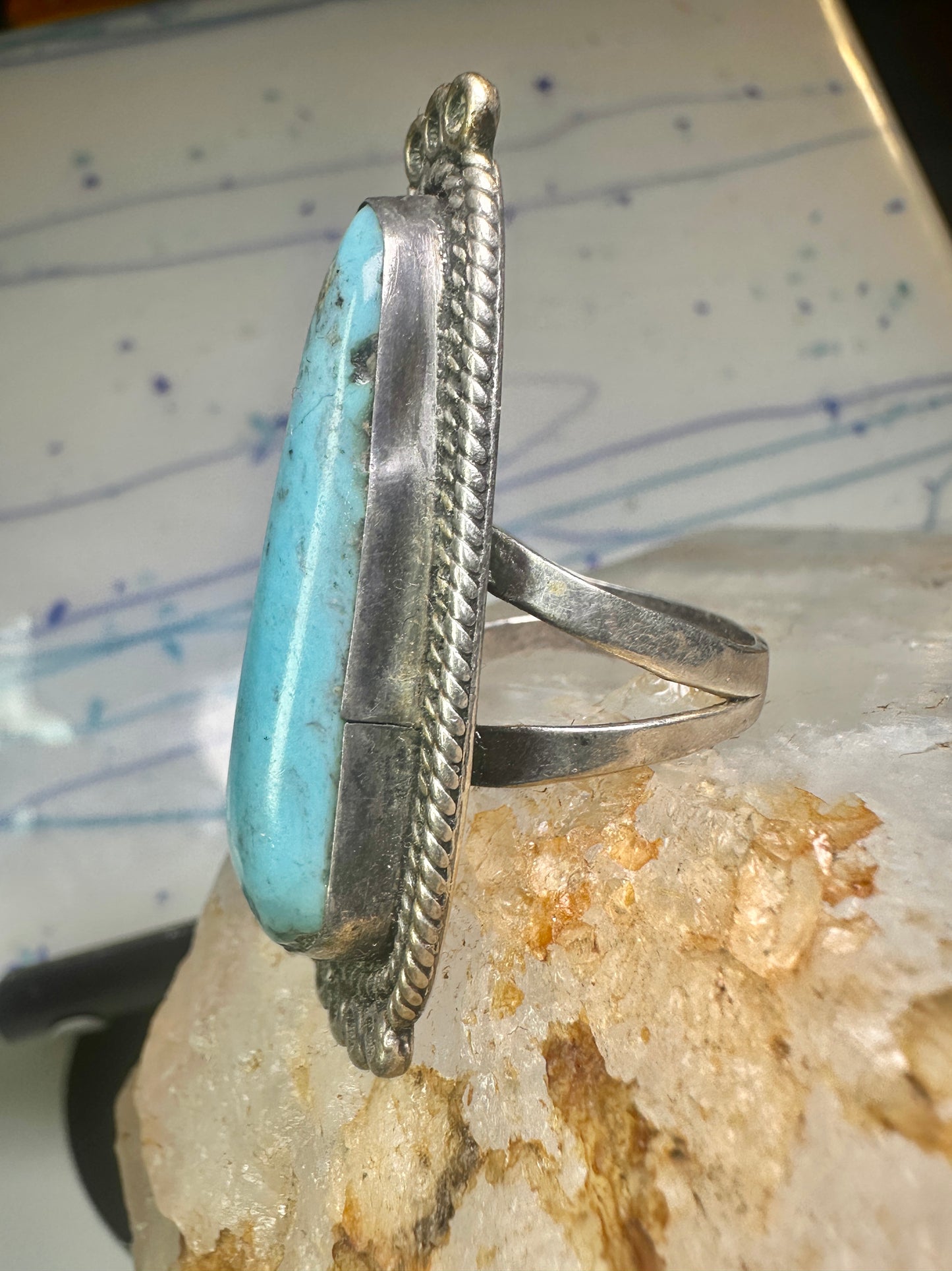 Long Navajo ring Turquoise rope design band size 7.5 sterling silver women