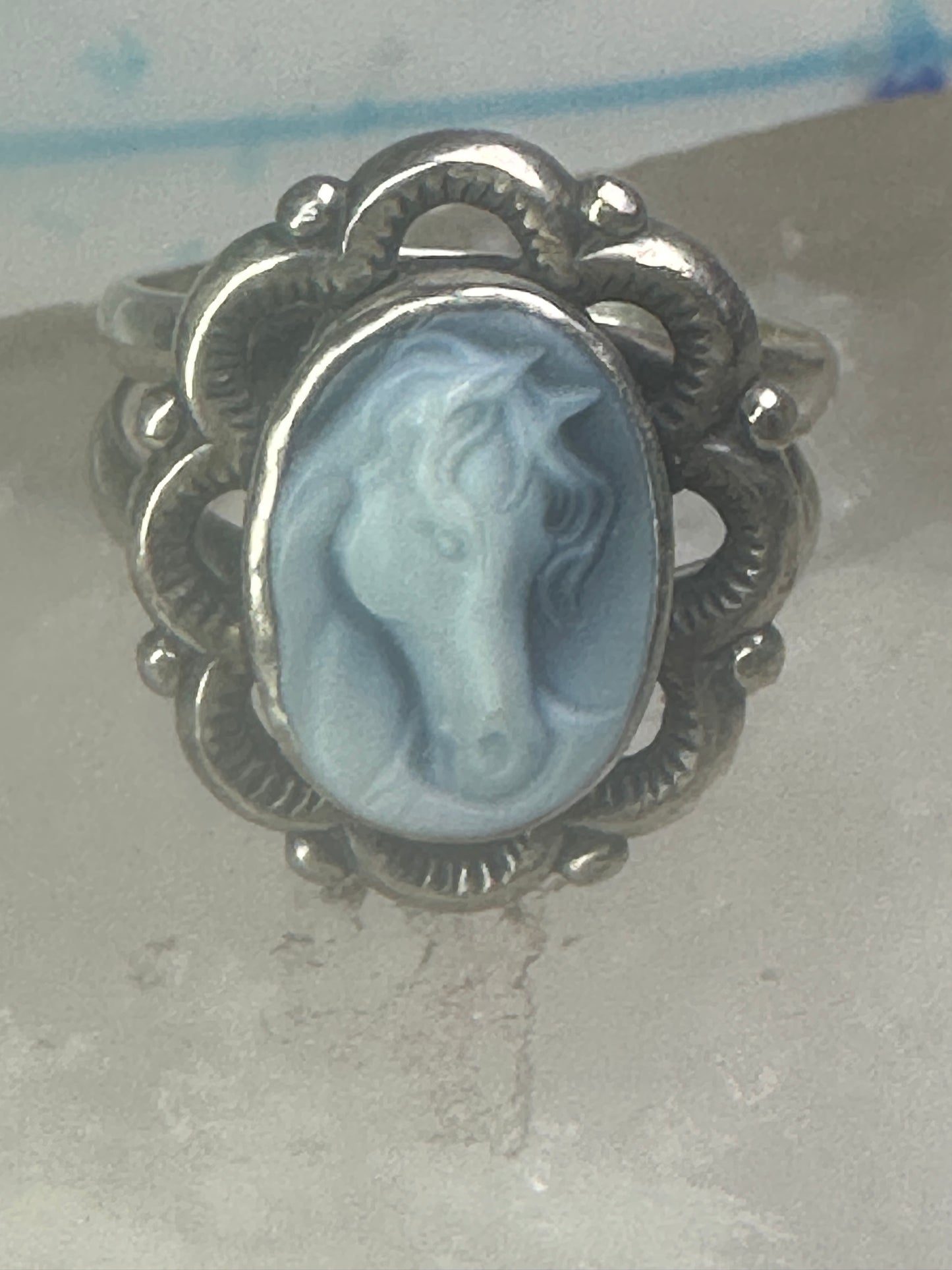 Horse face ring shell cowgirl size 7.75 sterling silver women signed QT