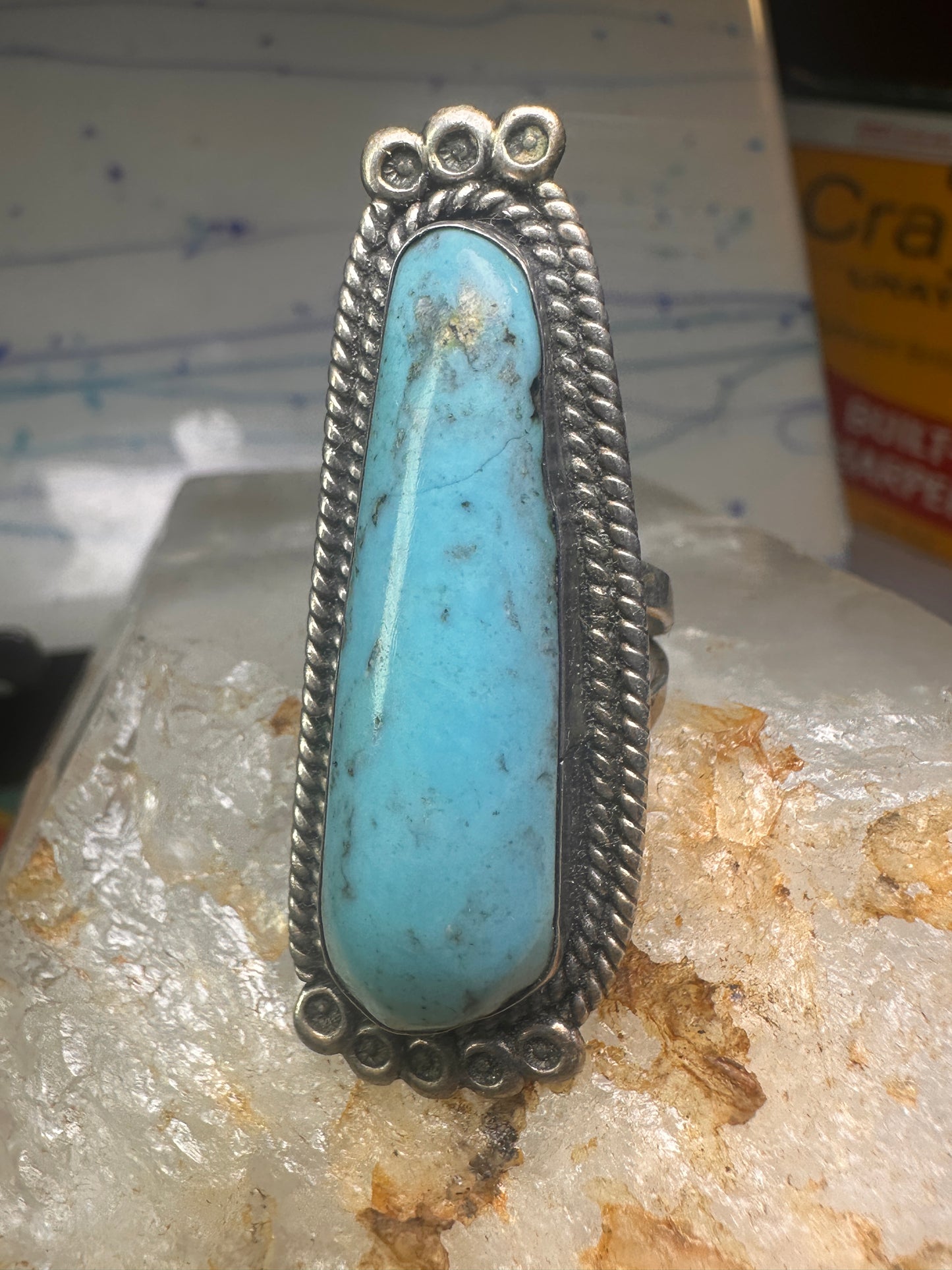 Long Navajo ring Turquoise rope design band size 7.5 sterling silver women