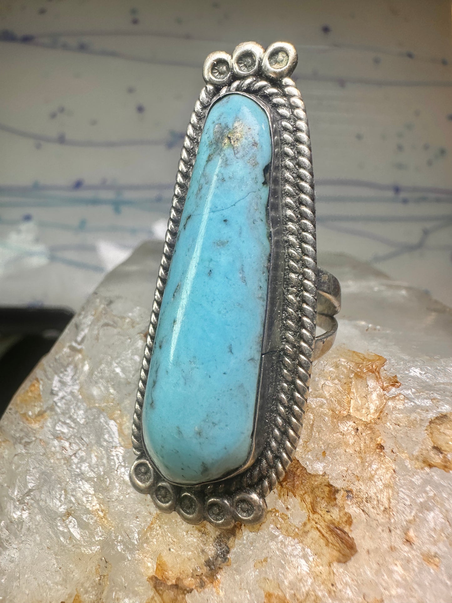 Long Navajo ring Turquoise rope design band size 7.5 sterling silver women