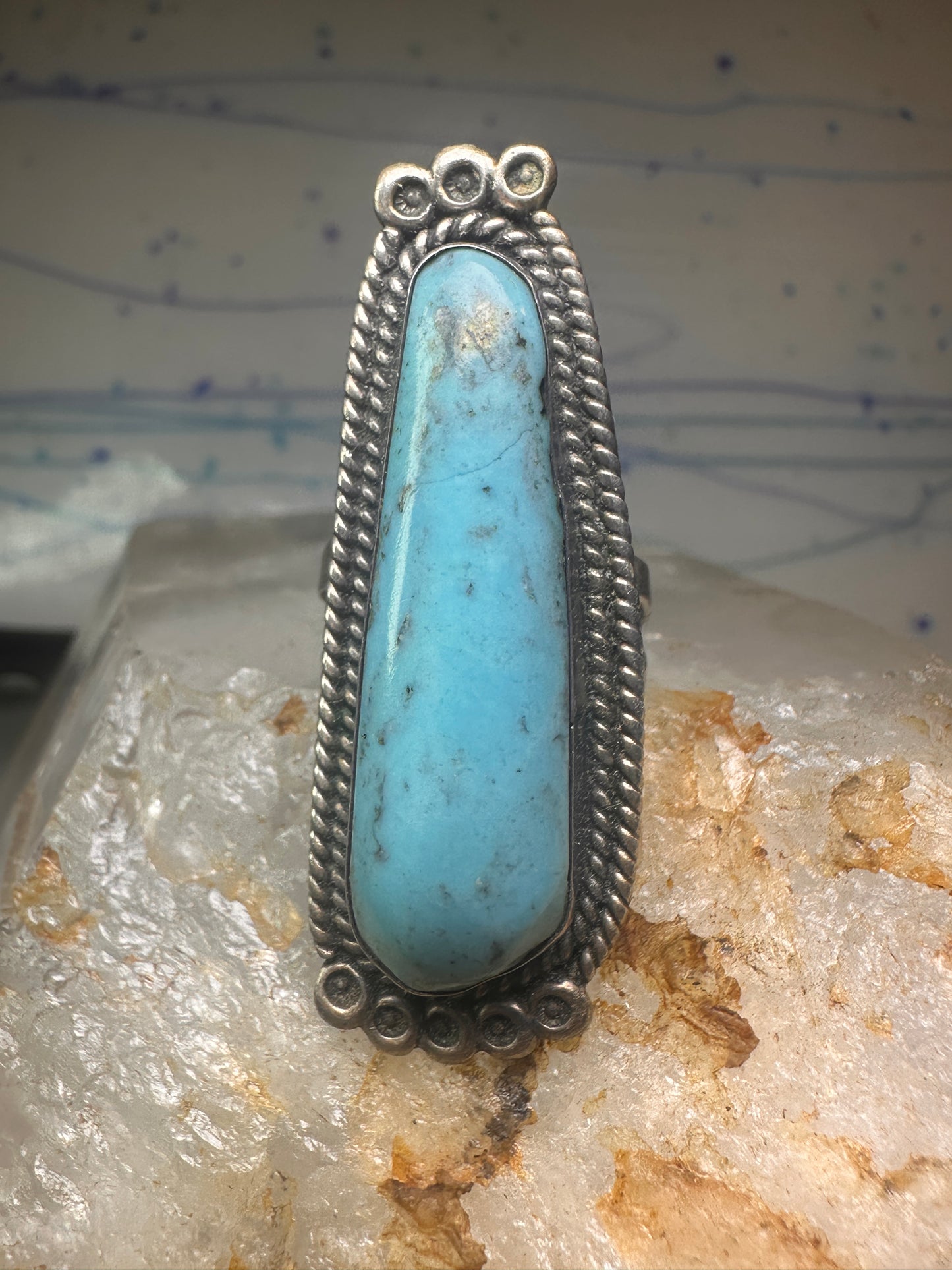 Long Navajo ring Turquoise rope design band size 7.5 sterling silver women
