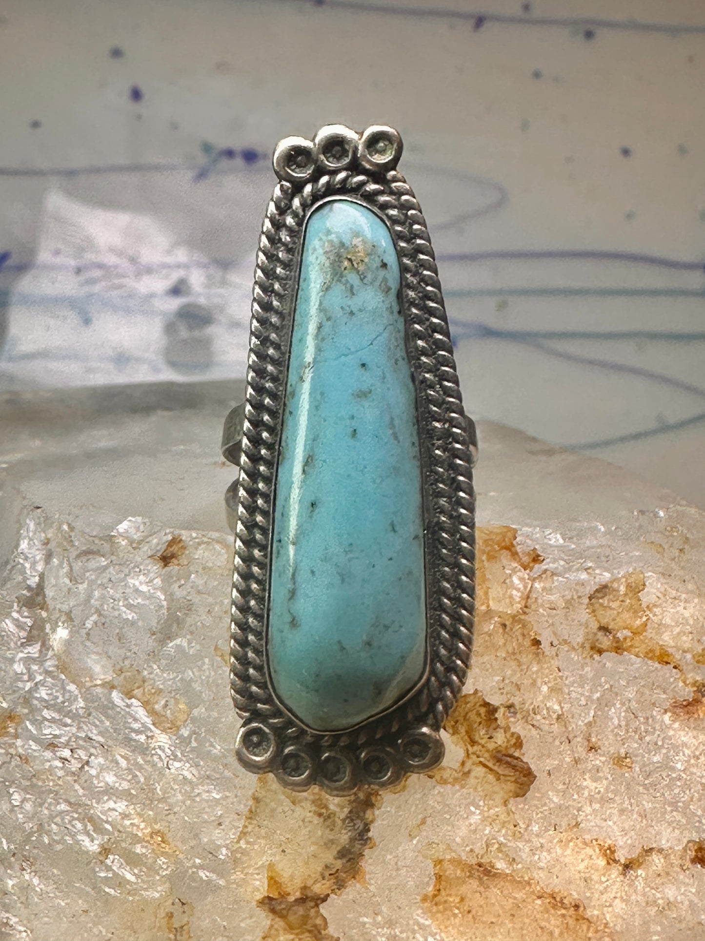 Long Navajo ring Turquoise rope design band size 7.5 sterling silver women