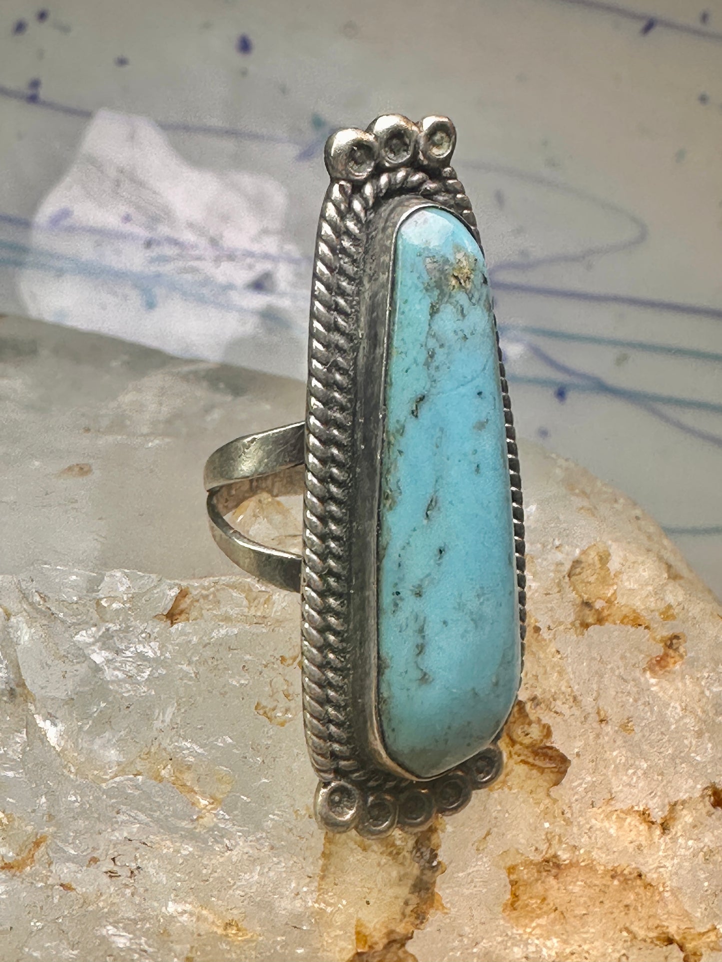 Long Navajo ring Turquoise rope design band size 7.5 sterling silver women