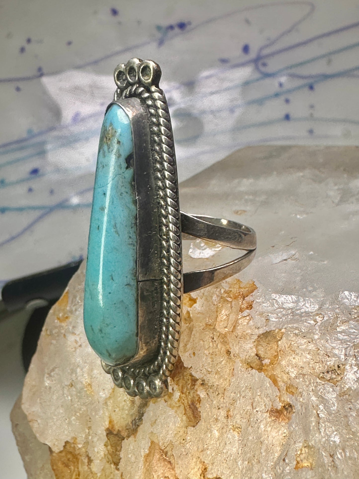 Long Navajo ring Turquoise rope design band size 7.5 sterling silver women