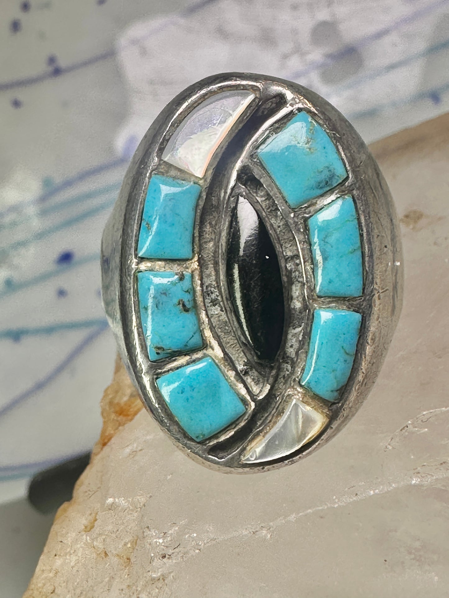 Navajo ring hummingbird turquoise mop onyx ring size 11 sterling silver women men