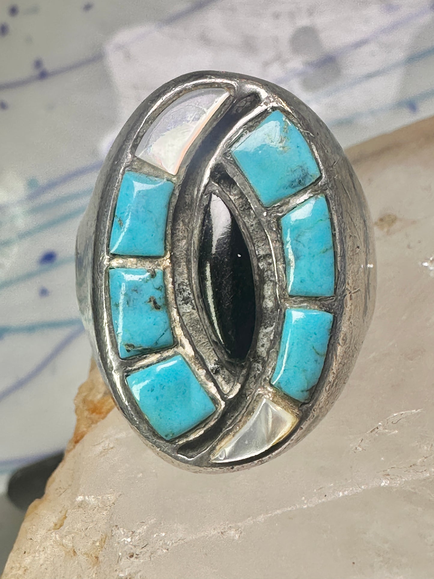 Navajo ring hummingbird turquoise mop onyx ring size 11 sterling silver women men