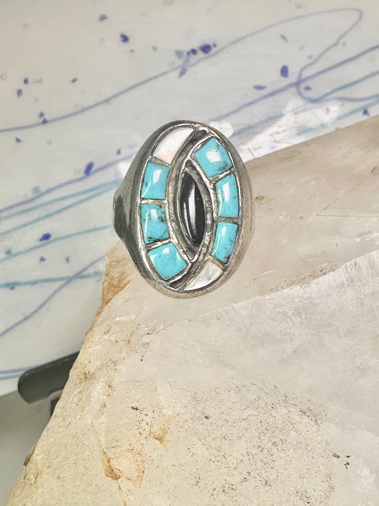 Navajo ring hummingbird turquoise mop onyx ring size 11 sterling silver women men