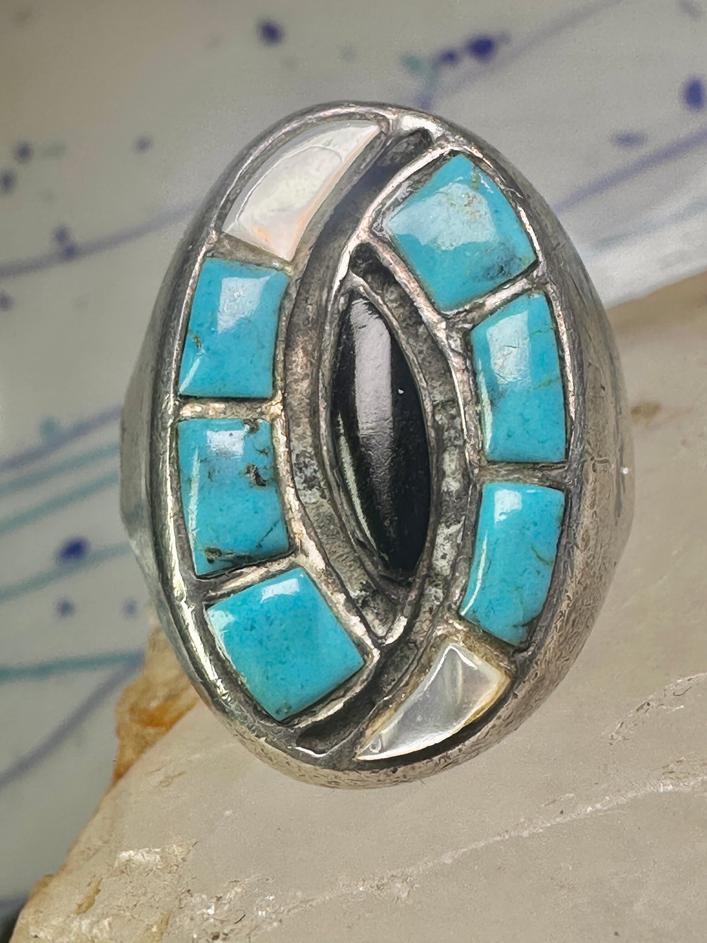 Navajo ring hummingbird turquoise mop onyx ring size 11 sterling silver women men