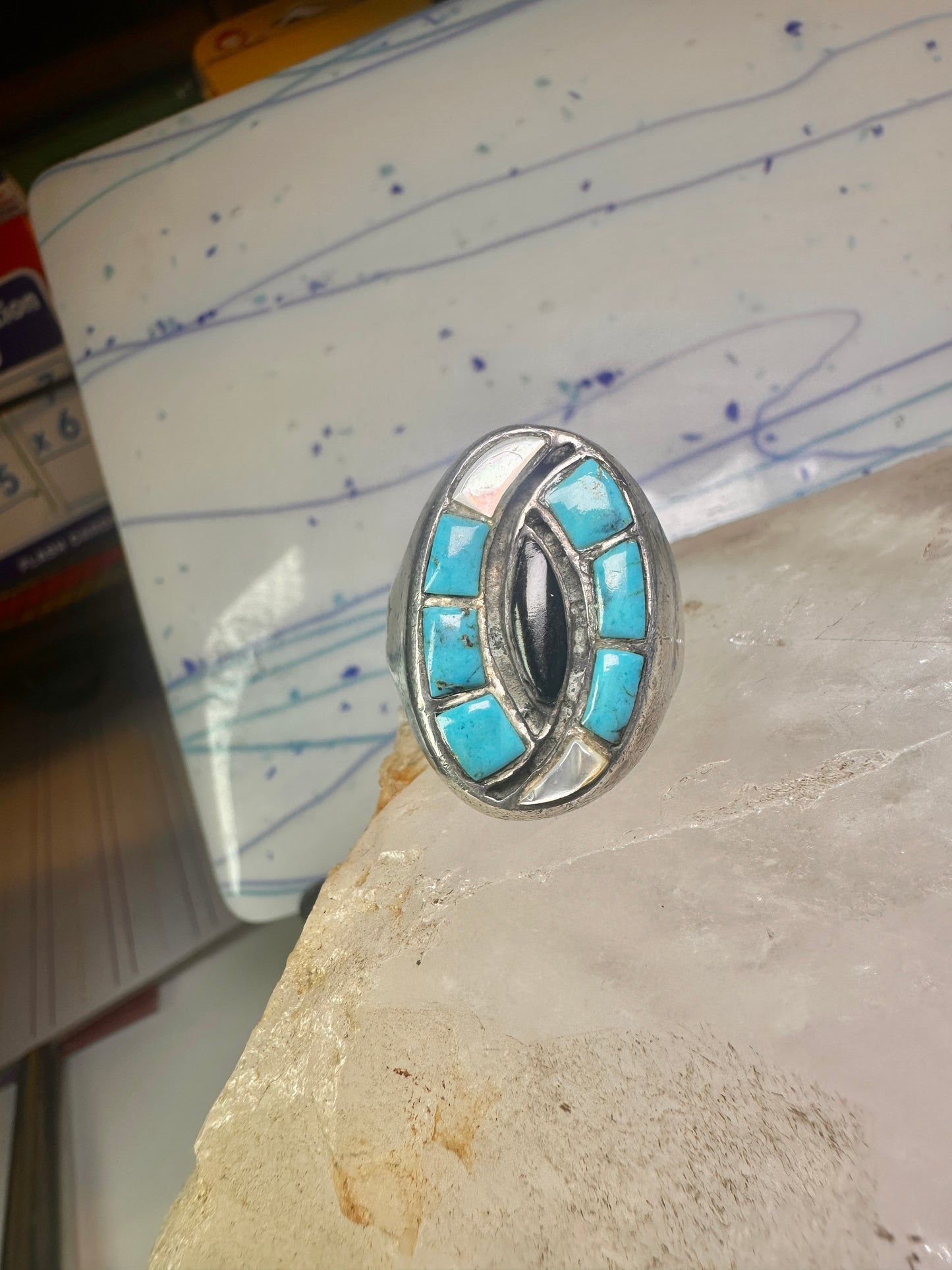 Navajo ring hummingbird turquoise mop onyx ring size 11 sterling silver women men