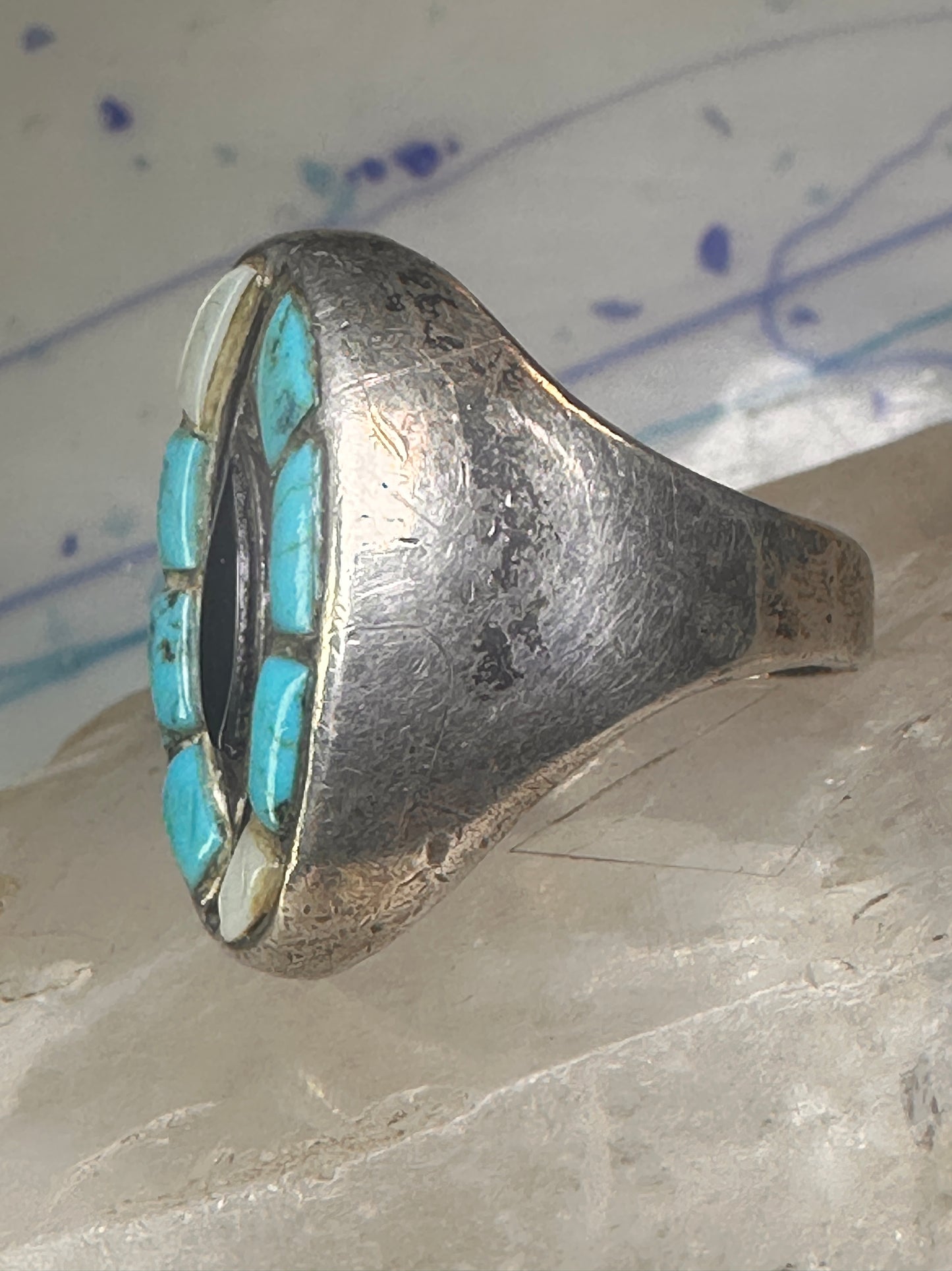 Navajo ring hummingbird turquoise mop onyx ring size 11 sterling silver women men