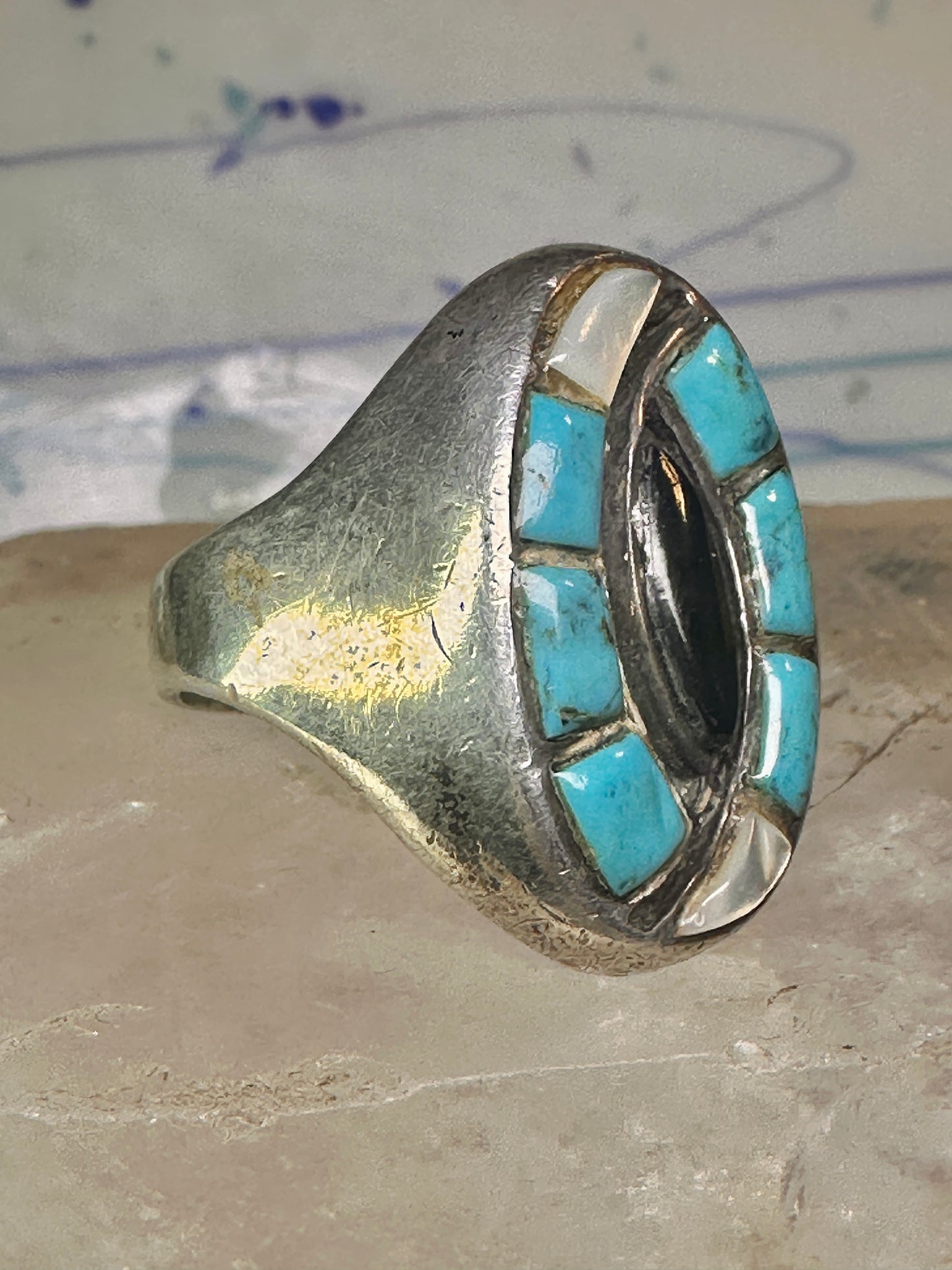 Navajo ring hummingbird turquoise mop onyx ring size 11 sterling silver women men