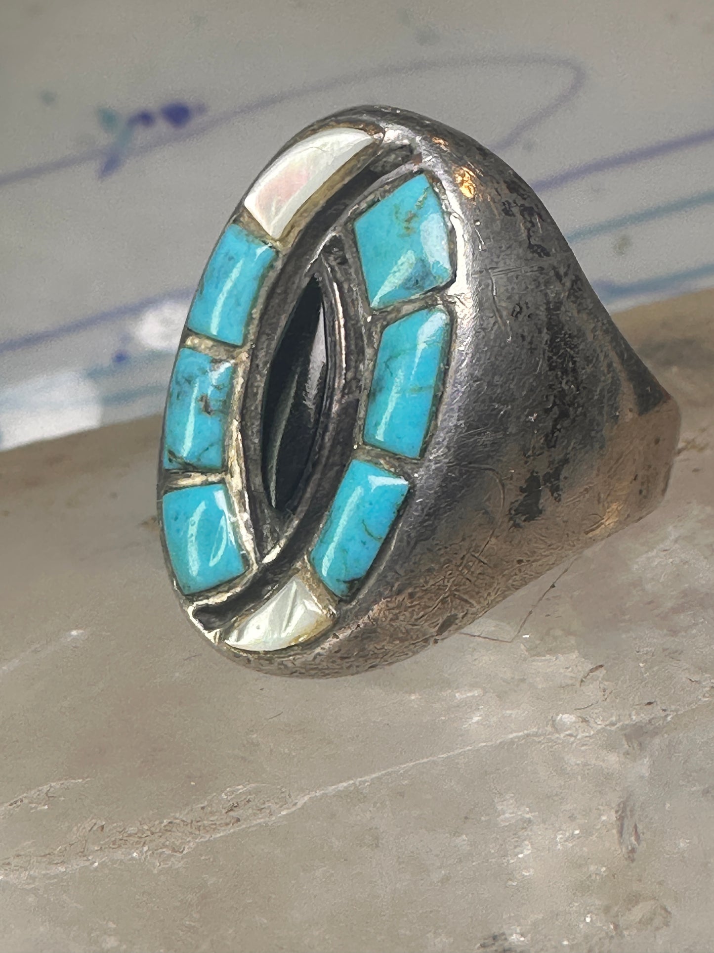 Navajo ring hummingbird turquoise mop onyx ring size 11 sterling silver women men