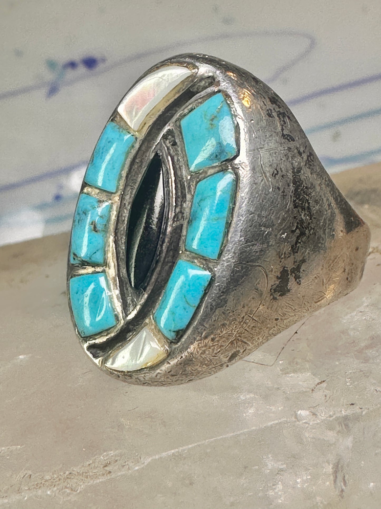 Navajo ring hummingbird turquoise mop onyx ring size 11 sterling silver women men