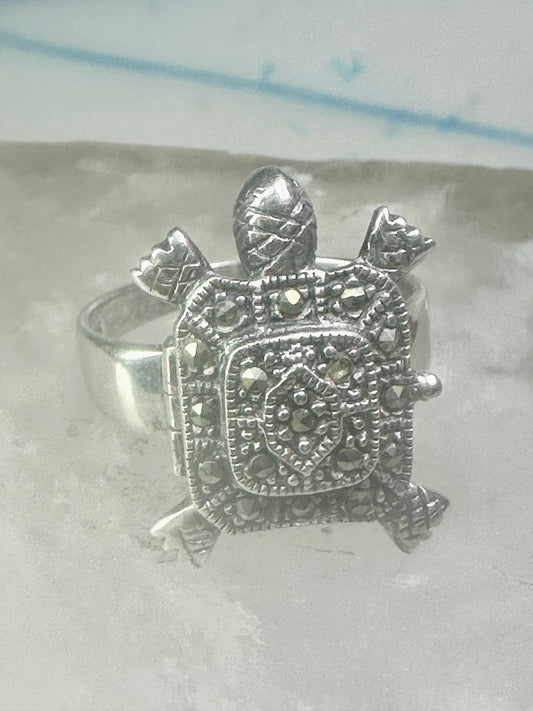 Vintage Turtle Poison ring marcasite size 7.50 sterling silver women