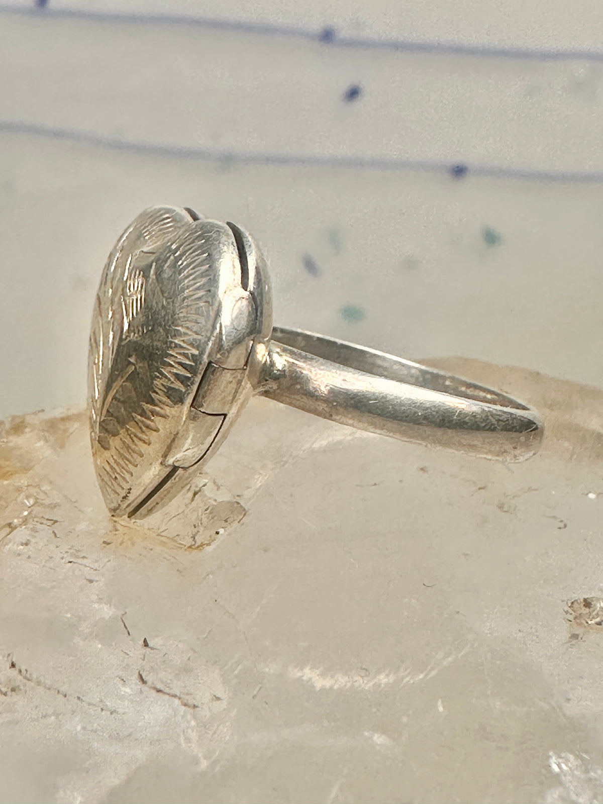 Vintage Sterling Silver Engraved Heart Locket Secret Compartment Poison Ring Size 3.75 925