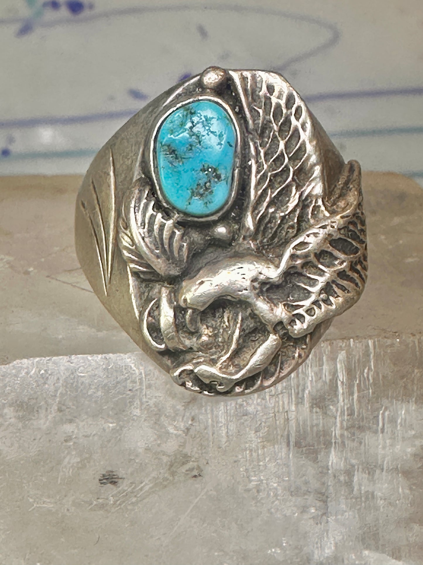 Navajo ring eagle wings band turquoise size 11.50 sterling silver women men