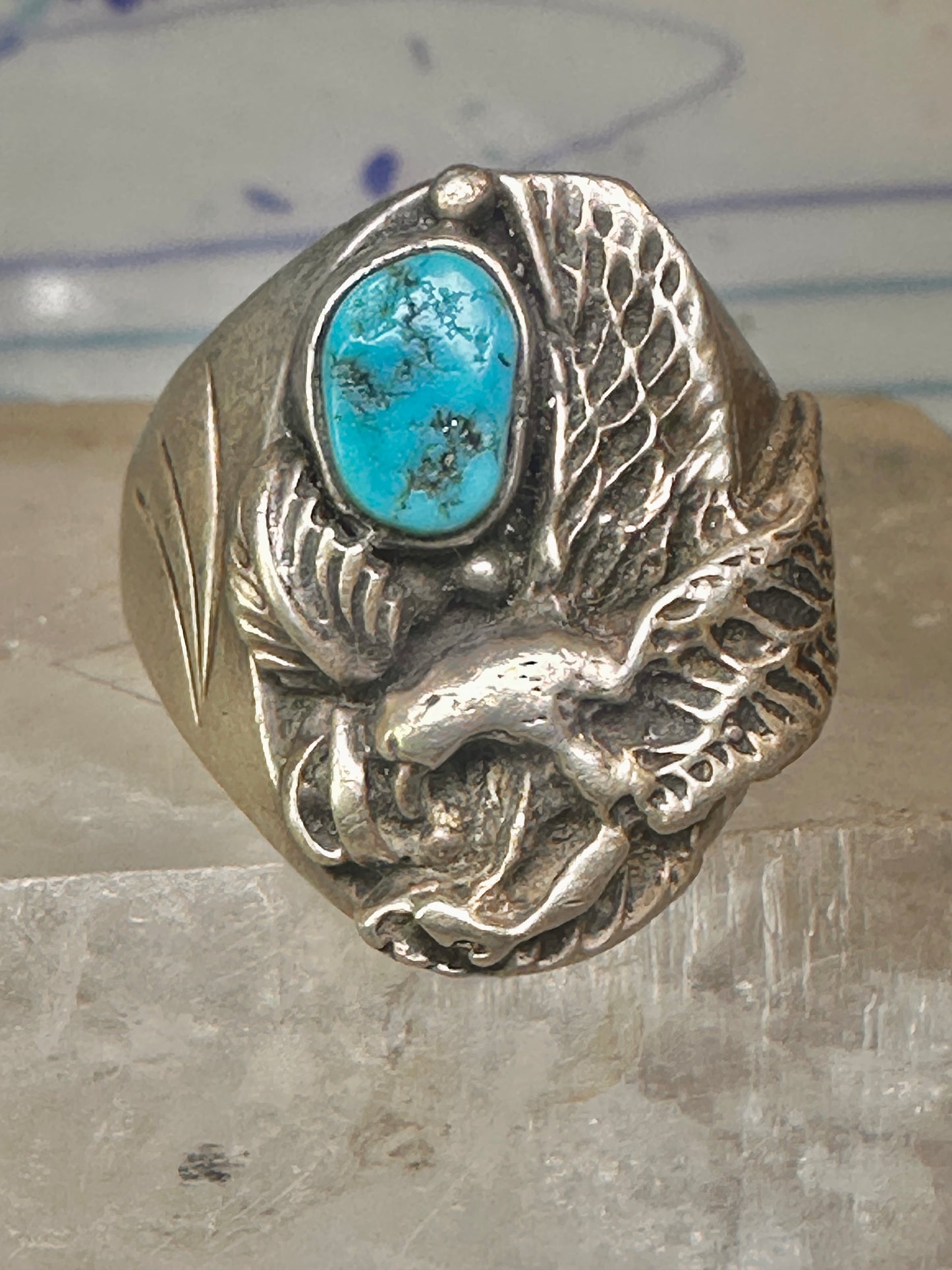 Navajo ring eagle wings band turquoise size 11.50 sterling silver women men