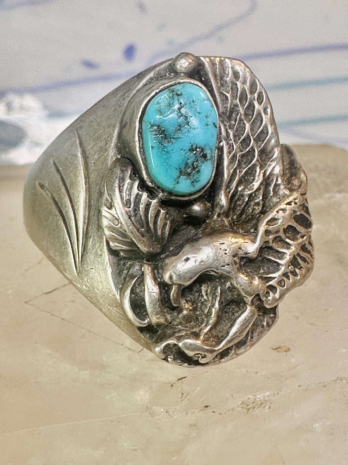 Navajo ring eagle wings band turquoise size 11.50 sterling silver women men
