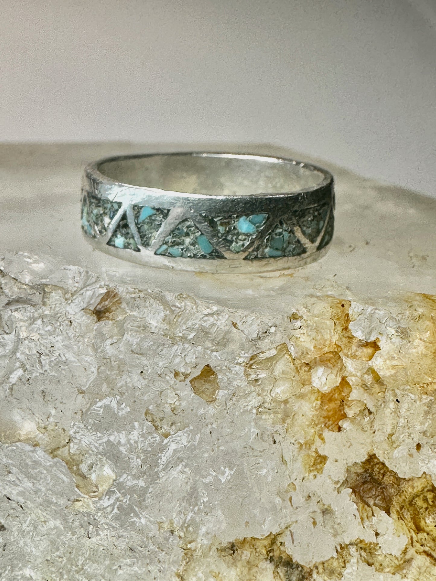 Zuni ring size 9.25 turquoise chips VERY ROUGH AS IS band sterling silver men women