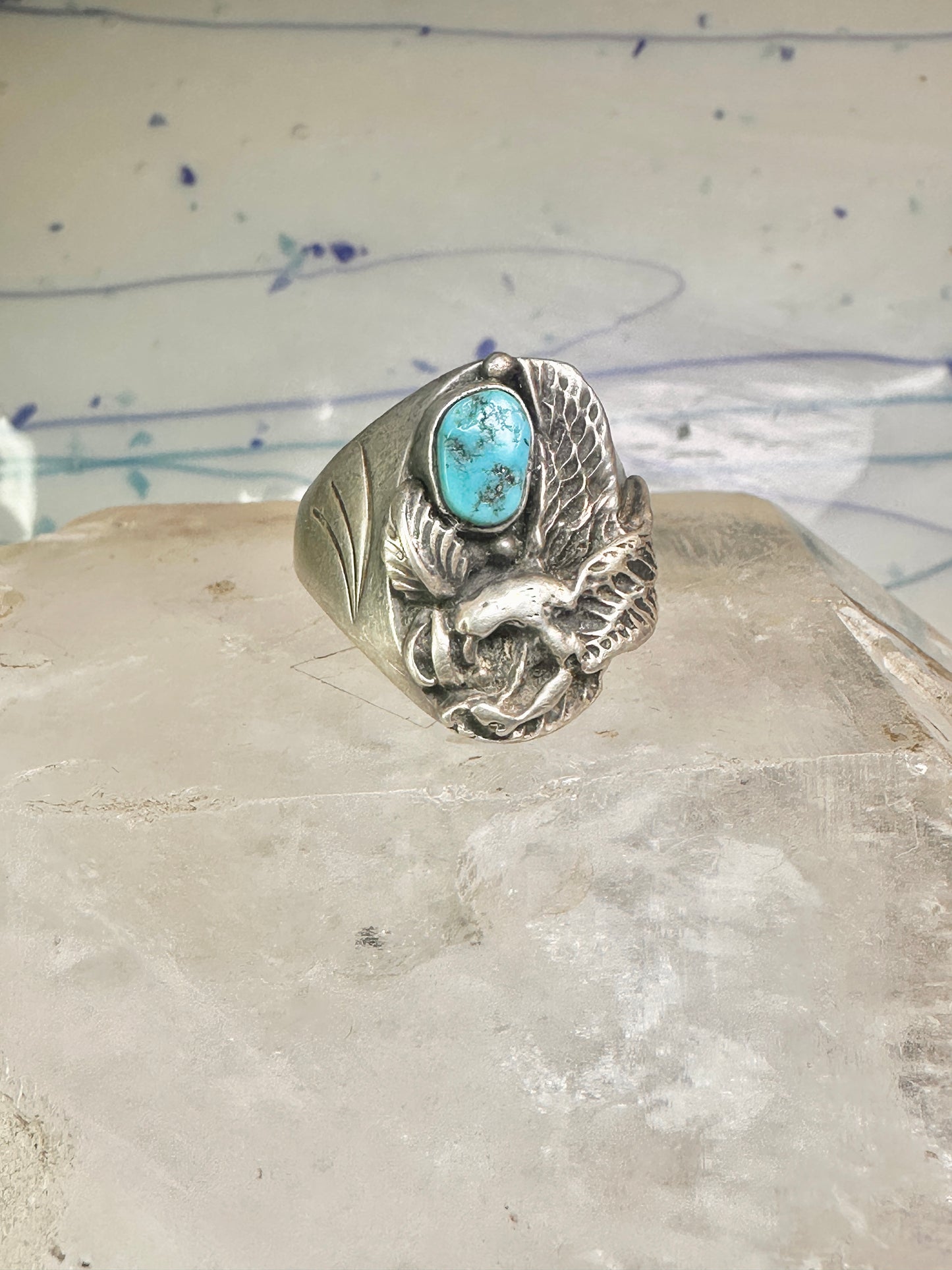 Navajo ring eagle wings band turquoise size 11.50 sterling silver women men