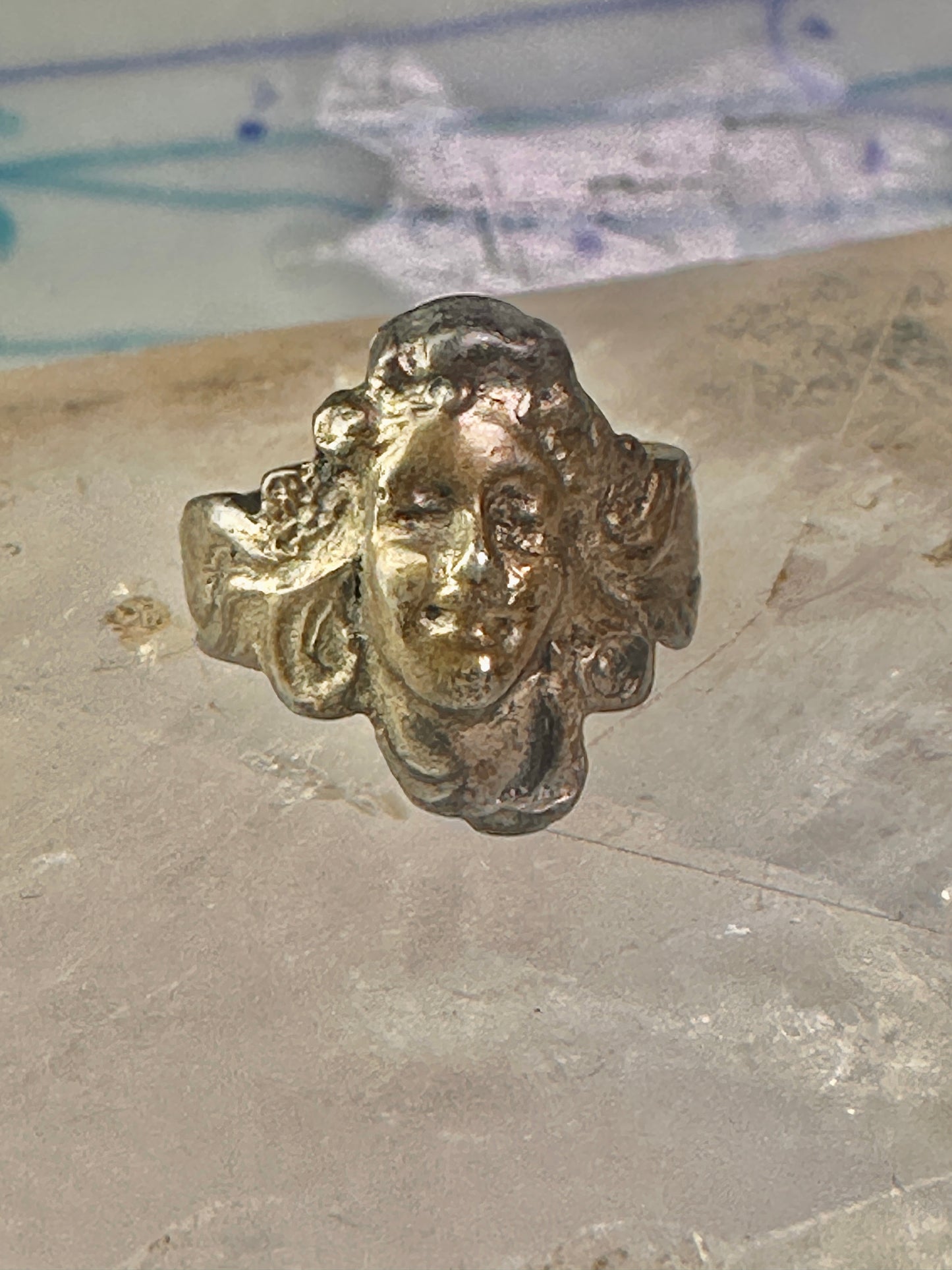 Lady face ring art deco Italy pinky turquoise size 3 silver signed 800 women