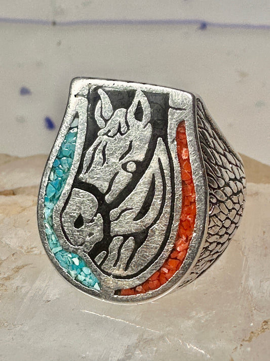 Vintage Horse ring biker turquoise coral chips size 6.5 silver plate women cowgirl