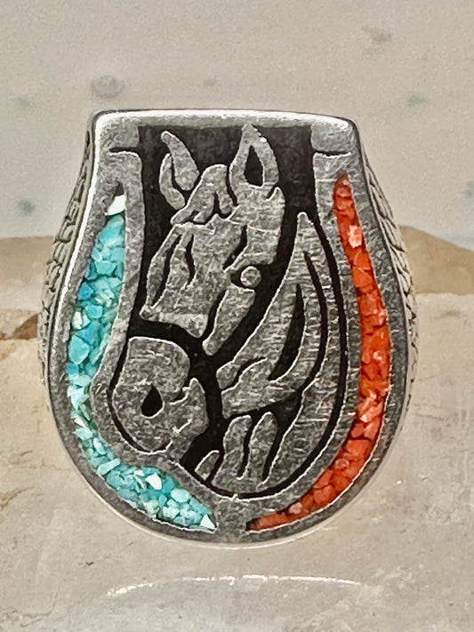 Vintage Horse ring biker turquoise coral chips size 6.5 silver plate women cowgirl