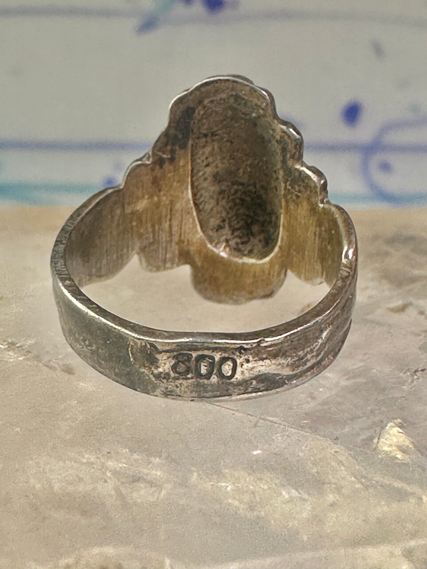 Lady face ring art deco Italy pinky turquoise size 3 silver signed 800 women