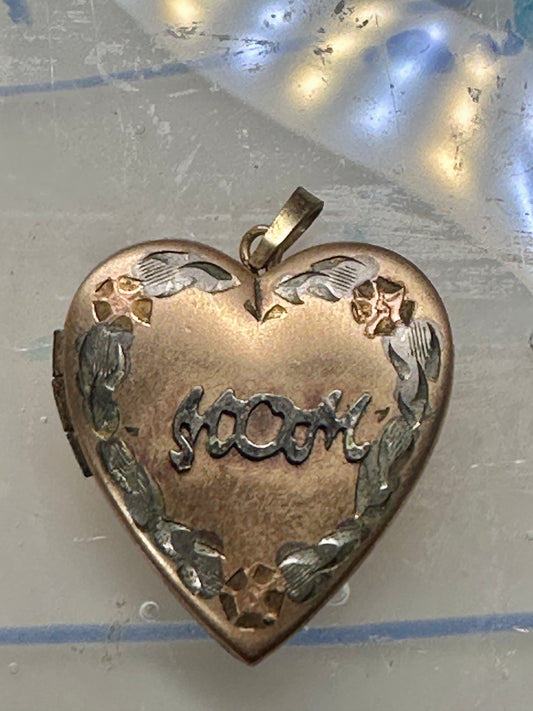 intage Floral MOM Photo Heart Love Valentine Locket flower Pendant 1/20 14KGF