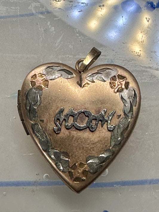 intage Floral MOM Photo Heart Love Valentine Locket flower Pendant 1/20 14KGF