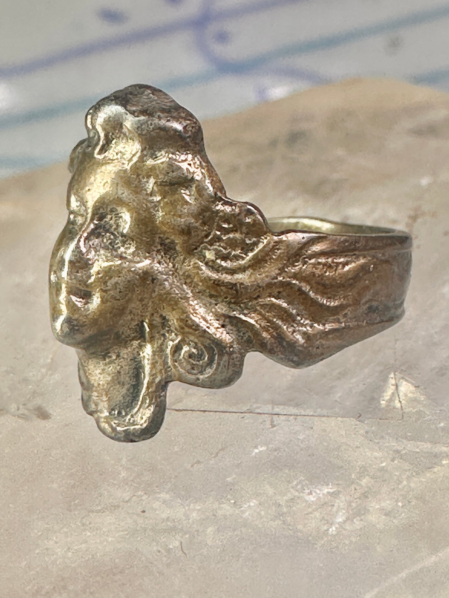 Lady face ring art deco Italy pinky turquoise size 3 silver signed 800 women