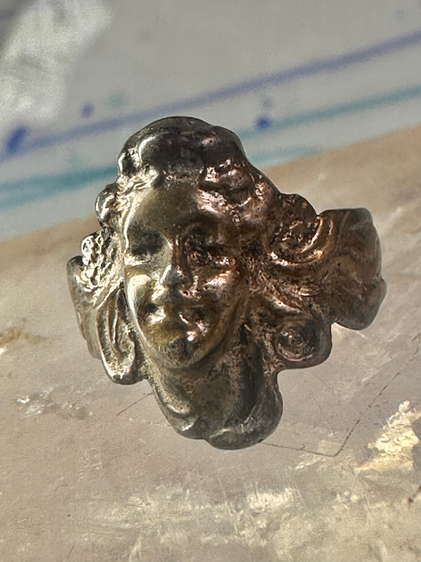Lady face ring art deco Italy pinky turquoise size 3 silver signed 800 women