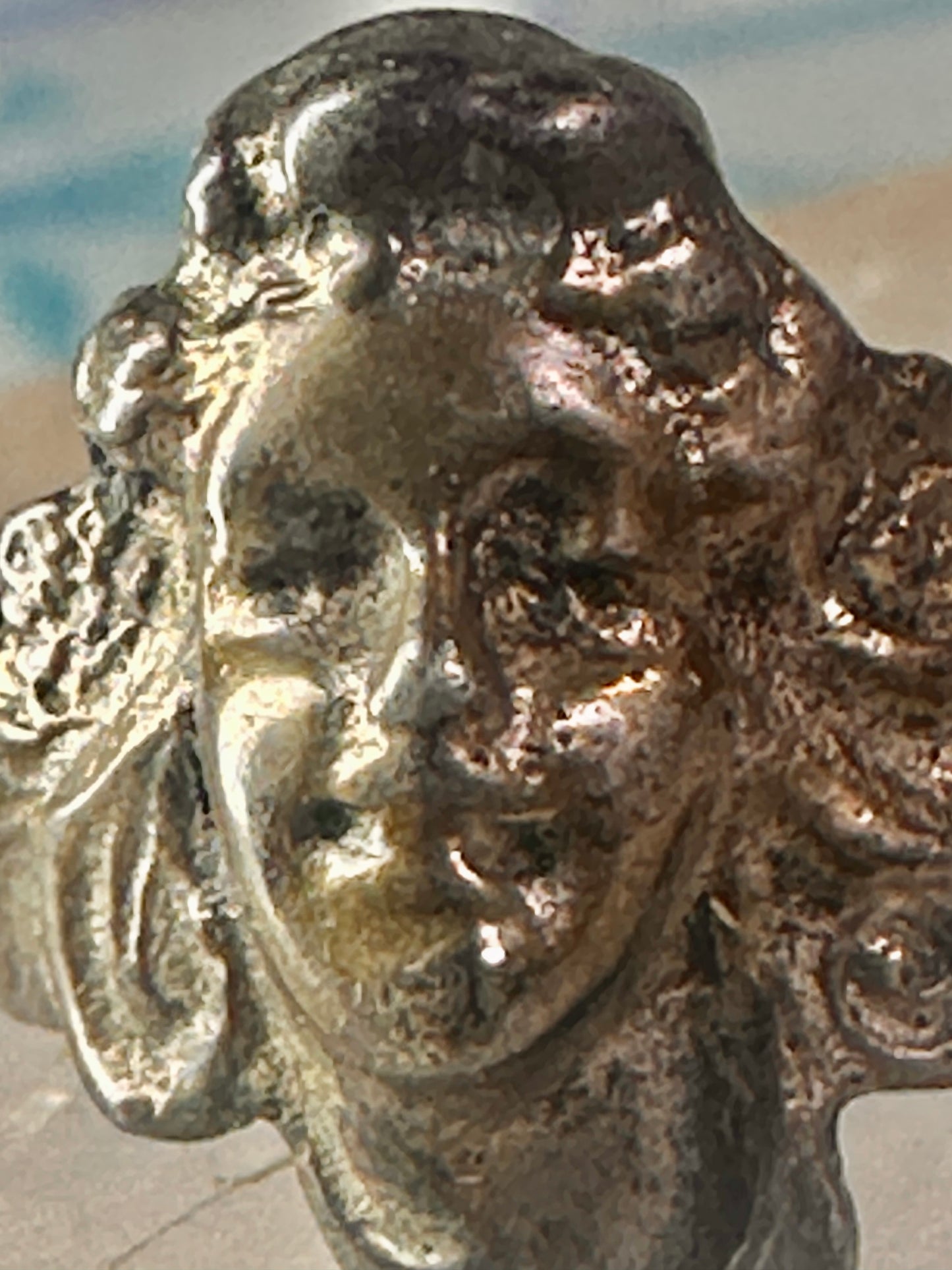 Lady face ring art deco Italy pinky turquoise size 3 silver signed 800 women