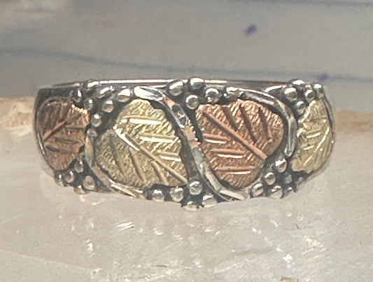 Vintage JCO Black Hills Gold Sterling Silver 12K Tri Color Gold Leaf Band Ring Size 13.50 925