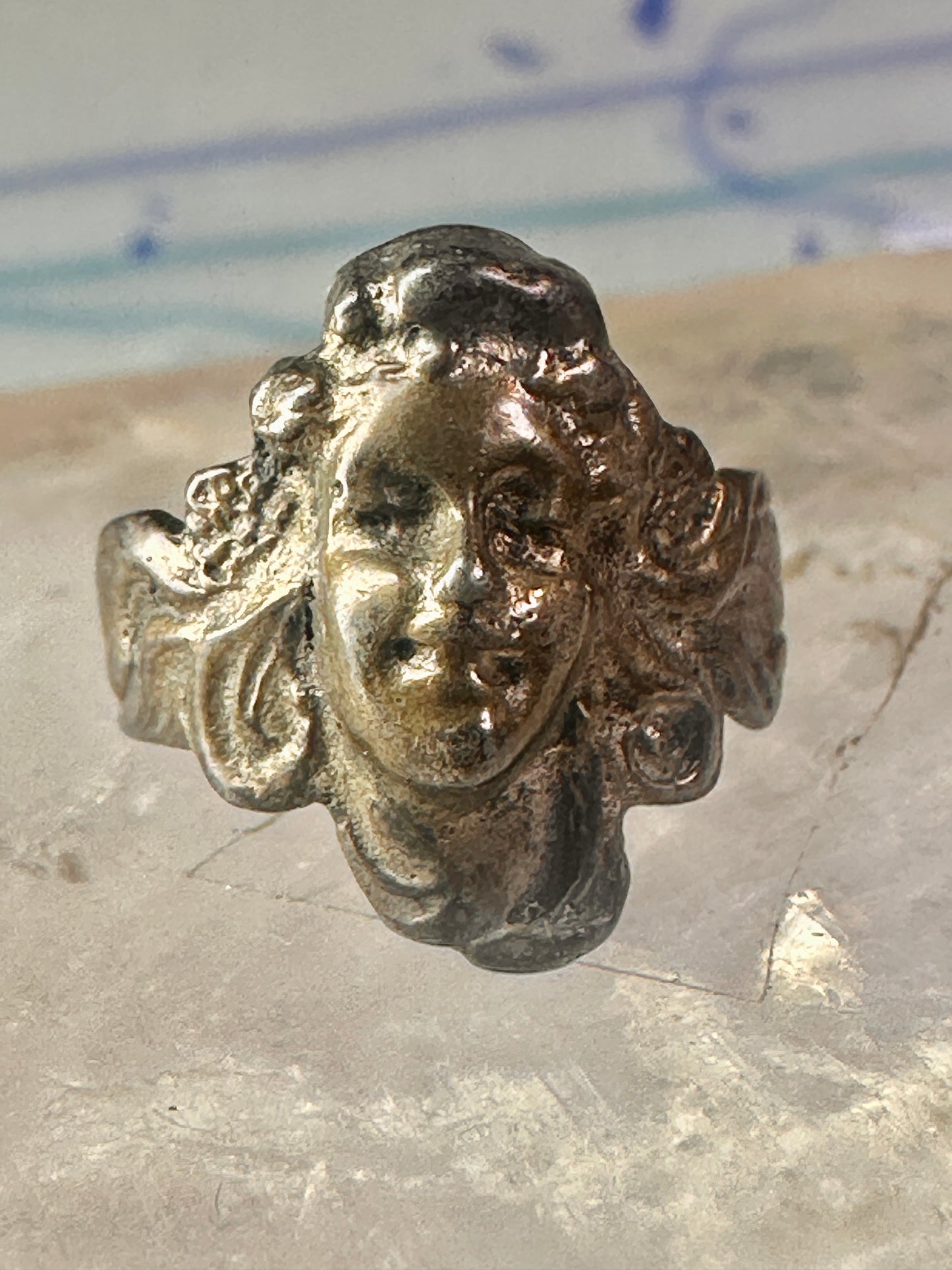 Lady face ring art deco Italy pinky turquoise size 3 silver signed 800 women