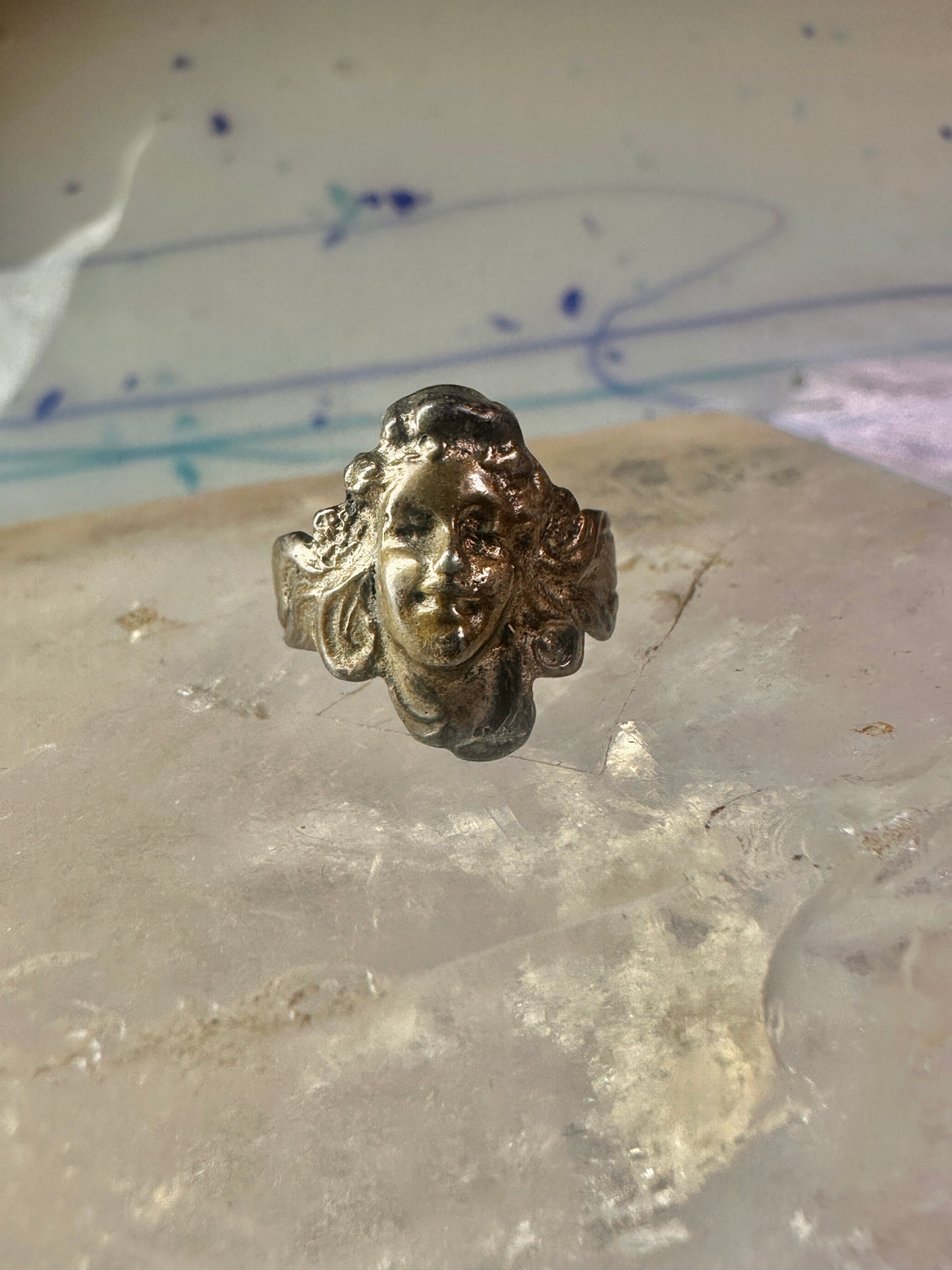 Lady face ring art deco Italy pinky turquoise size 3 silver signed 800 women