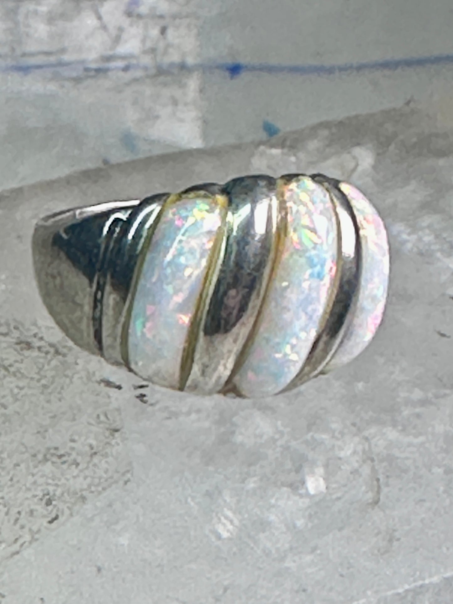 Vintage Fluted Dome Ring Opal Lab? band Ott size 7.5 sterling silver women girls