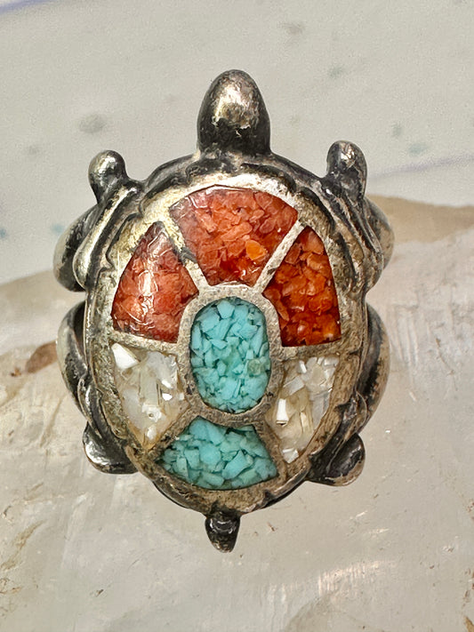 Vintage Zuni Turtle ring turquoise coral chips size 6.75 sterling silver women girls&nbsp;
