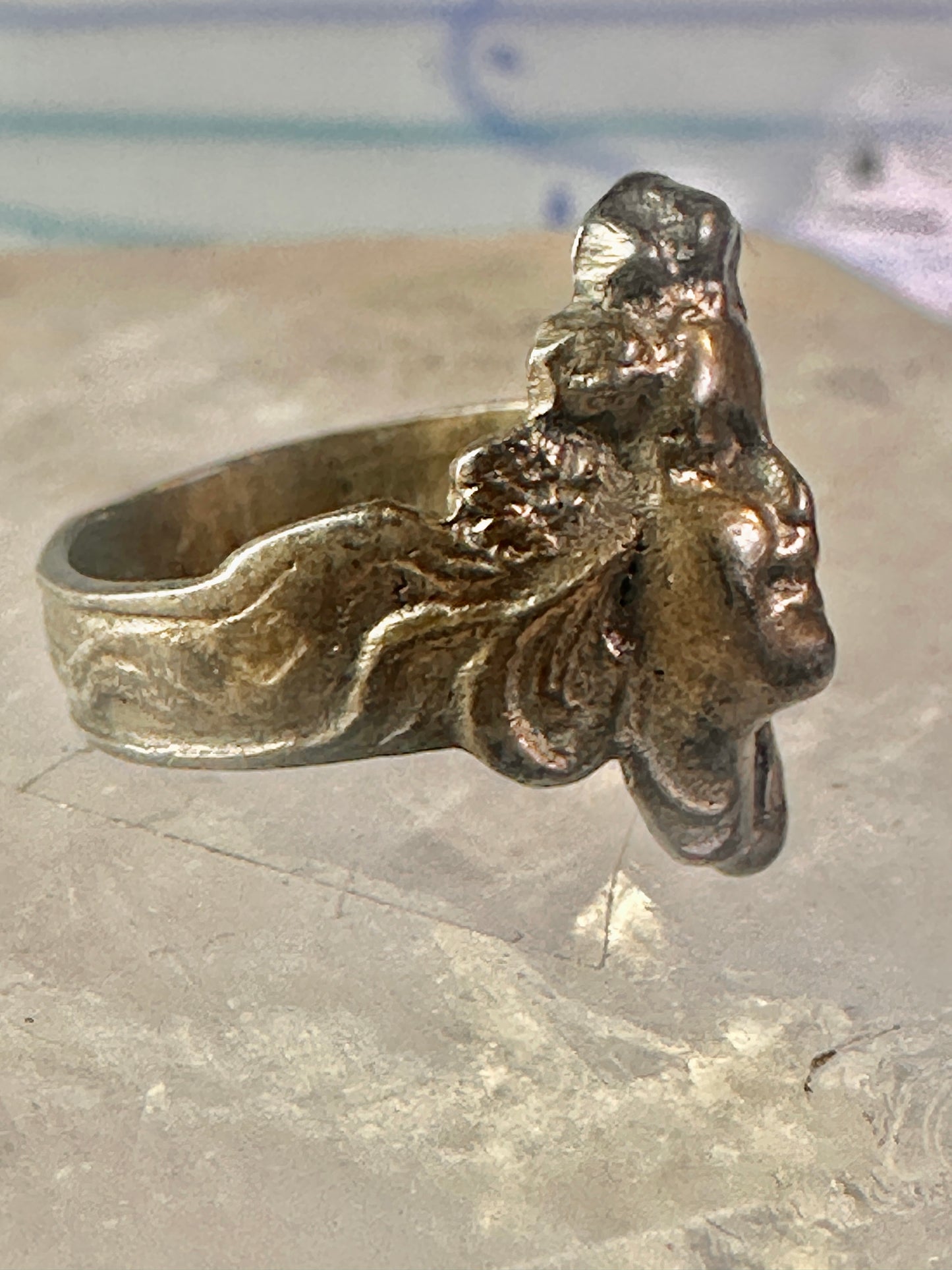Lady face ring art deco Italy pinky turquoise size 3 silver signed 800 women
