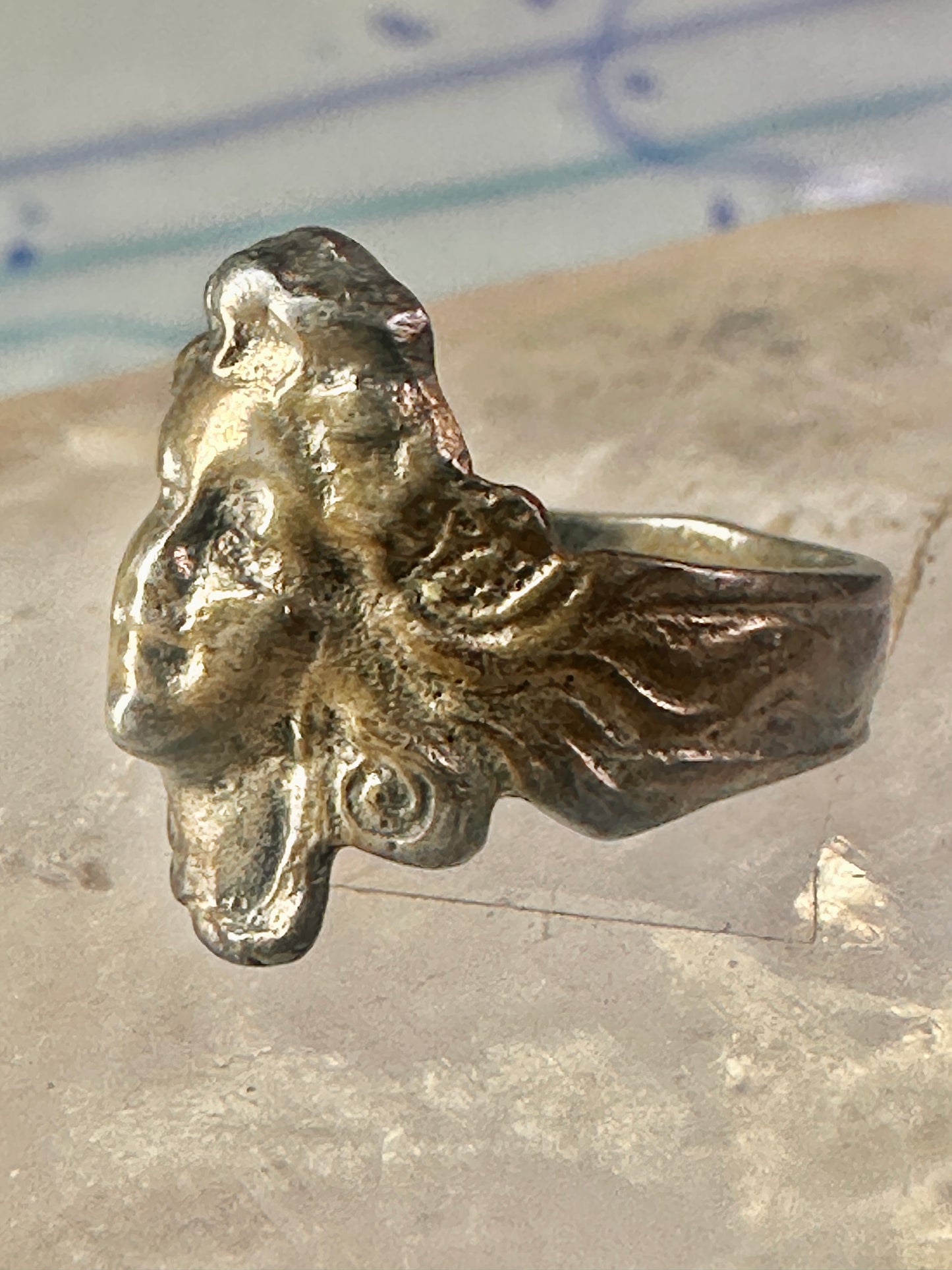 Lady face ring art deco Italy pinky turquoise size 3 silver signed 800 women