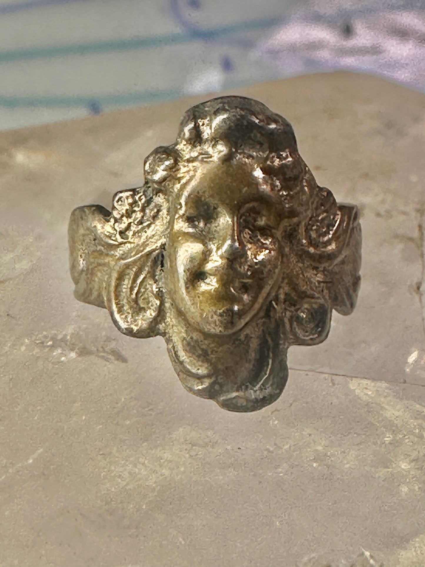 Lady face ring art deco Italy pinky turquoise size 3 silver signed 800 women