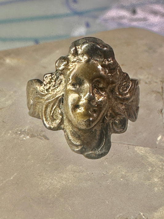 Lady face ring art deco Italy pinky turquoise size 3 silver signed 800 women