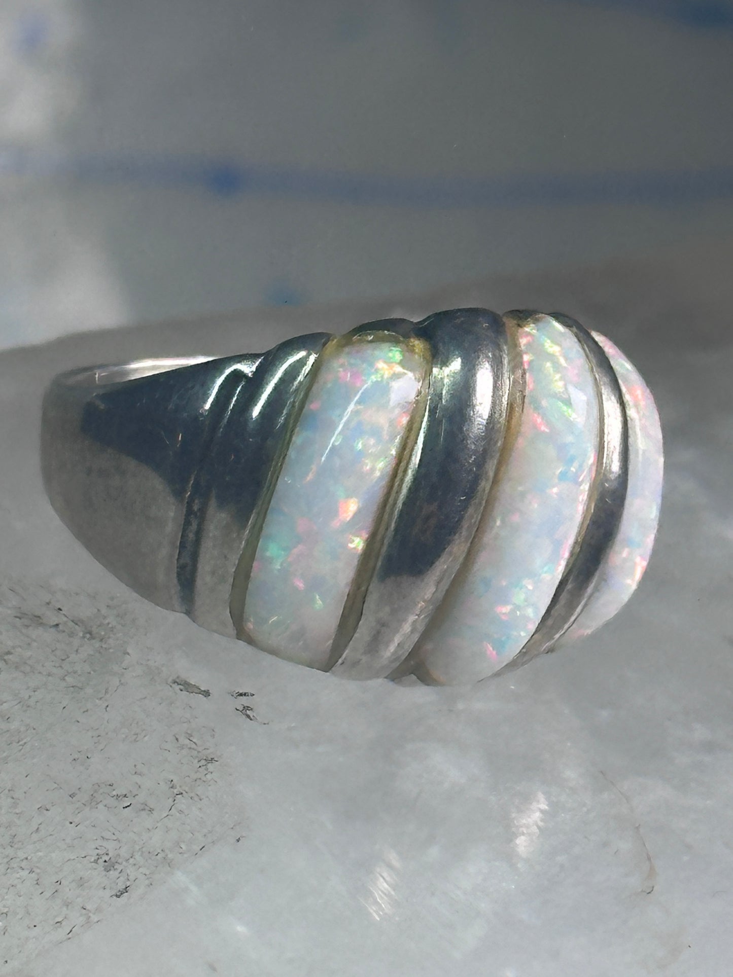 Vintage Fluted Dome Ring Opal Lab? band Ott size 7.5 sterling silver women girls