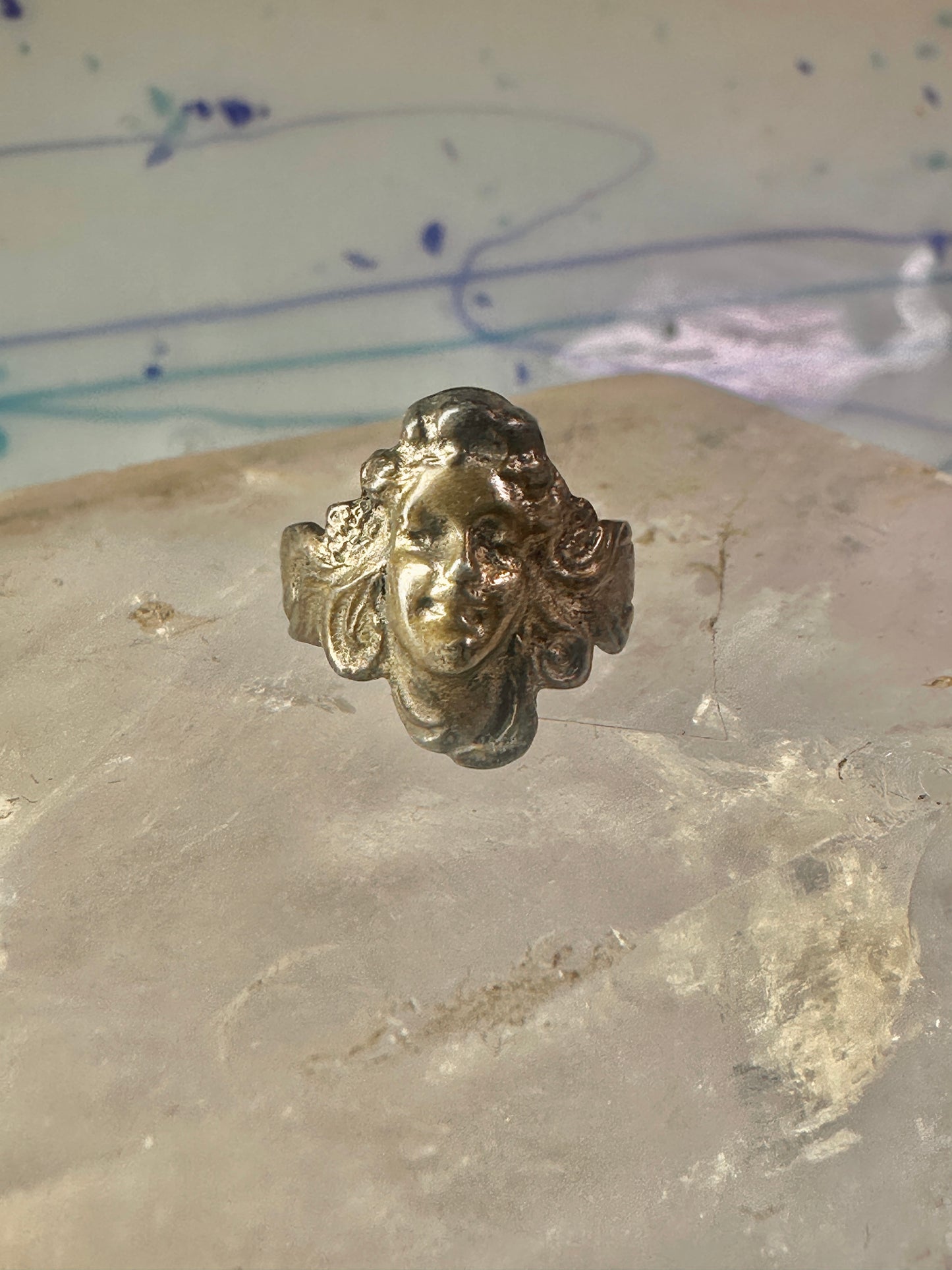 Lady face ring art deco Italy pinky turquoise size 3 silver signed 800 women